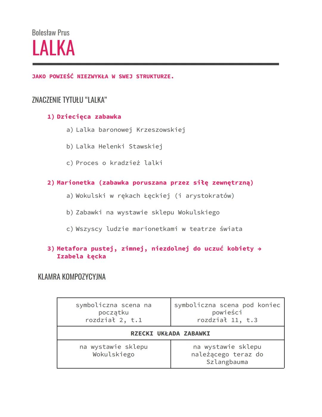 Bolesław Prus
LALKA
JAKO POWIEŚĆ NIEZWYKŁA W SWEJ STRUKTURZE.
ZNACZENIE TYTUŁU "LALKA"
1) Dziecięca zabawka
a) Lalka baronowej Krzeszowskiej