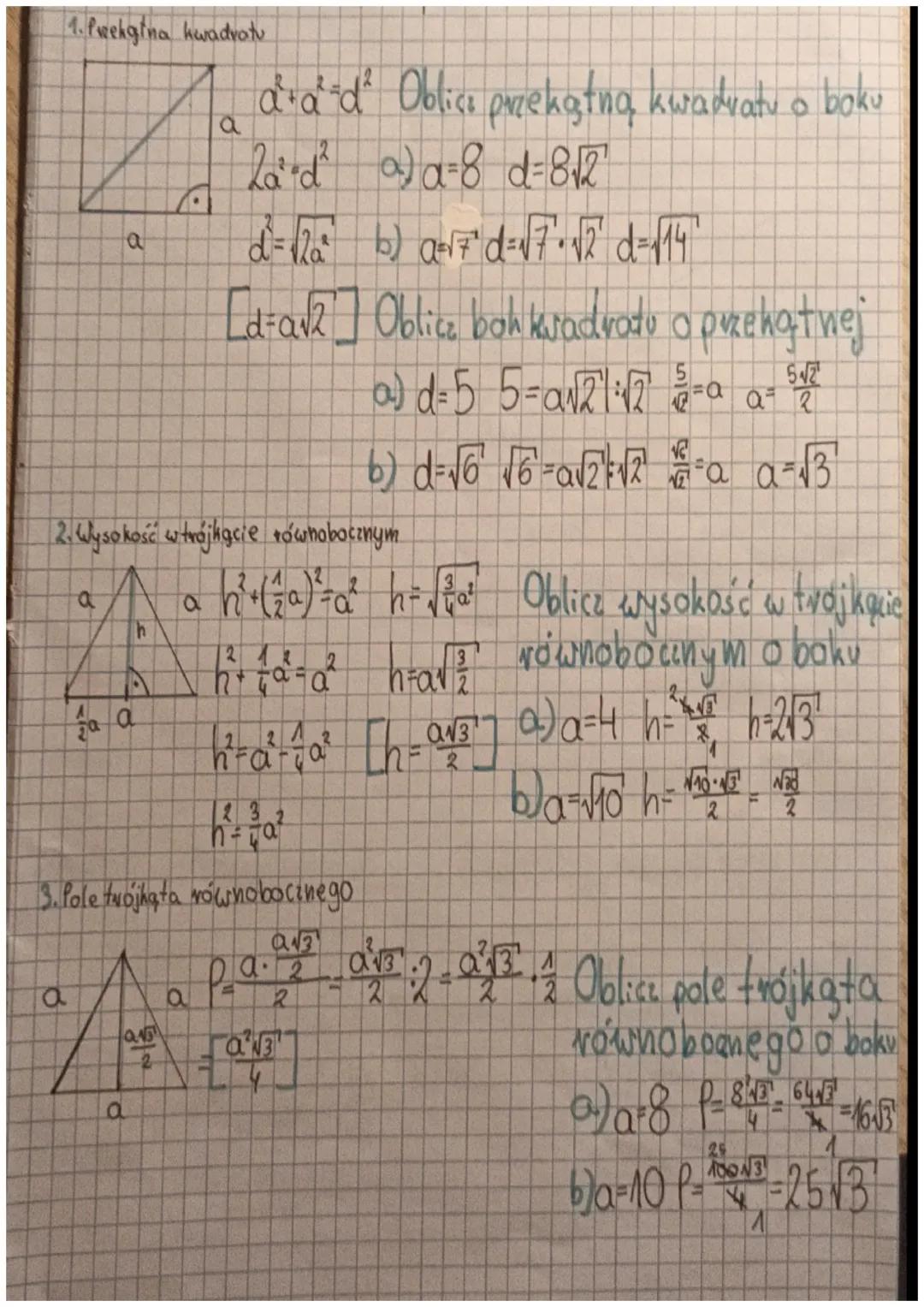 1. Przekątna kwadratu
4
2. Wysokość w trójkącie równobocznym
8
h
A
O
d'a"d² Oblicz przekątną kwadratu o boku
2a-d² ) α-8 d= 8√2
d = √2a²² b)