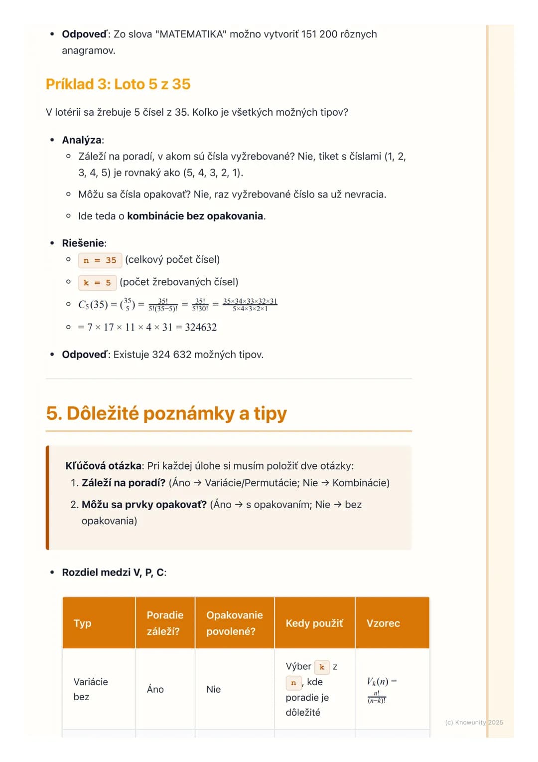 # Kombinatorika
## 1. Úvod do kombinatoriky
Kombinatorika je dôležitá časť matematiky, ktorá sa zaoberá počítaním rôznych
možností usporia