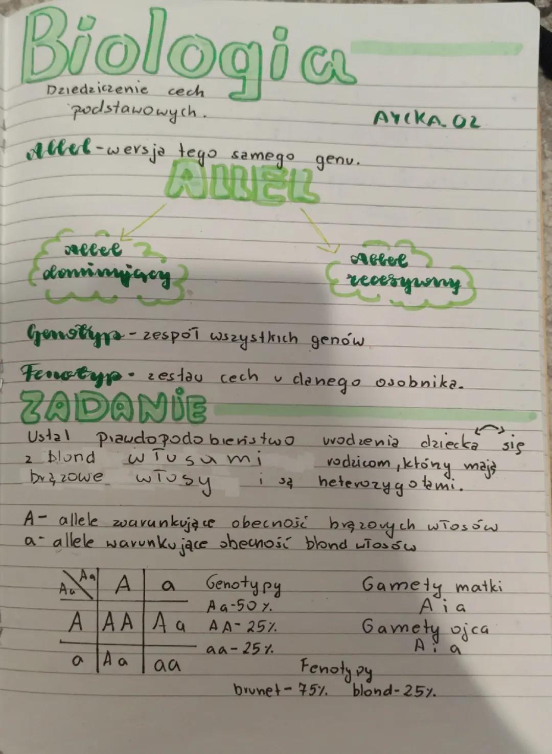 # Biologia
Dziedziczenie cech
podstawowych.
Allel-wersja tego samego genu.
ADREL
AYCKA 02
lee
domsvimjący
Abbel
recesywny
Genotyp - ze