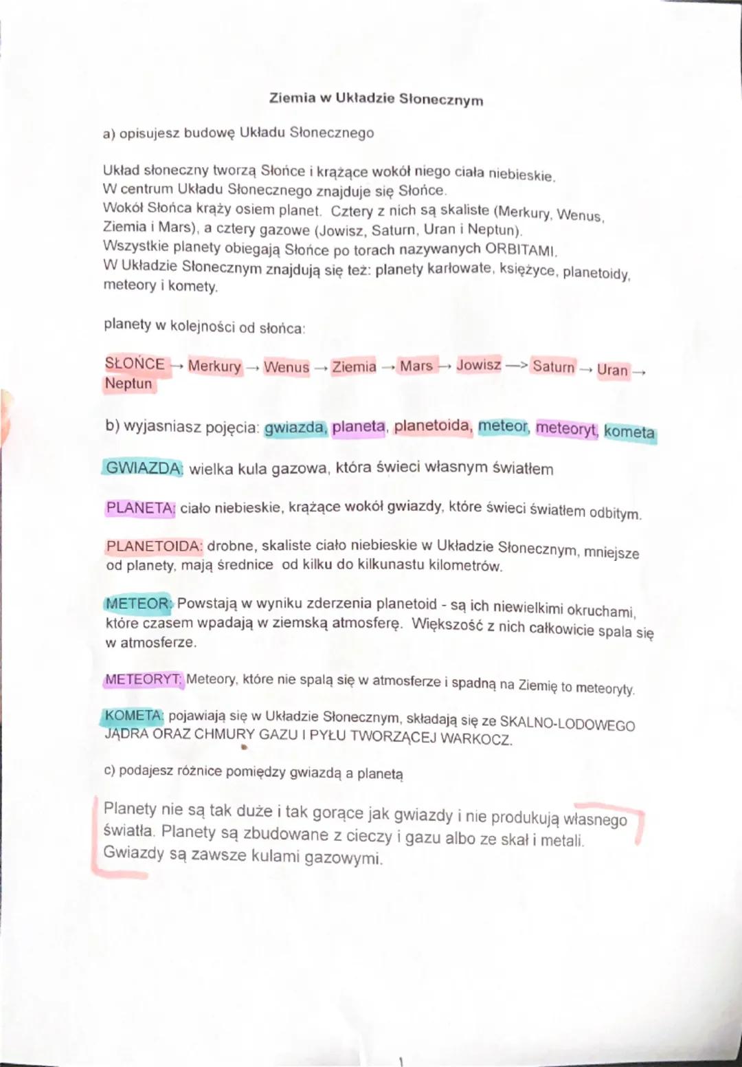 Ziemia w Układzie Słonecznym
a) opisujesz budowę Układu Słonecznego
Układ słoneczny tworzą Słońce i krążące wokół niego ciała niebieskie.
W