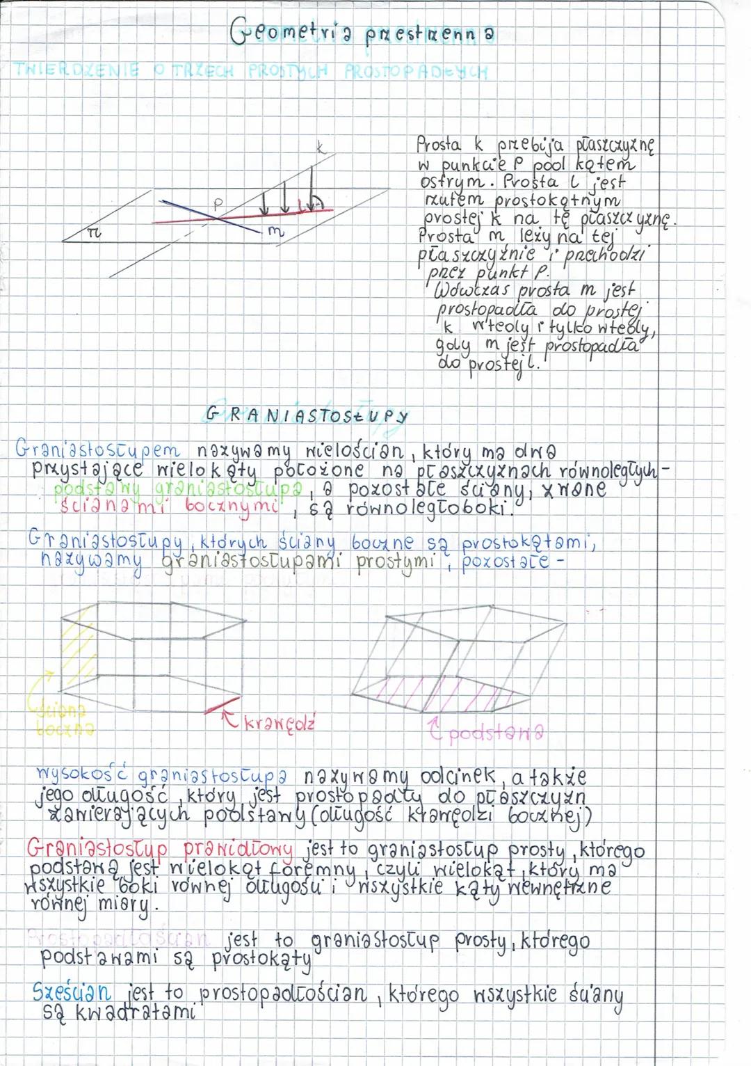 # Geometria prestrenna
THIERDZENIE O TRZECH PROSTYCH PROSTOPADŁYCH
P
T
m
k
GRANIASTOSŁUPY
Prosta k przebija płaszczyznę
w punkcie P