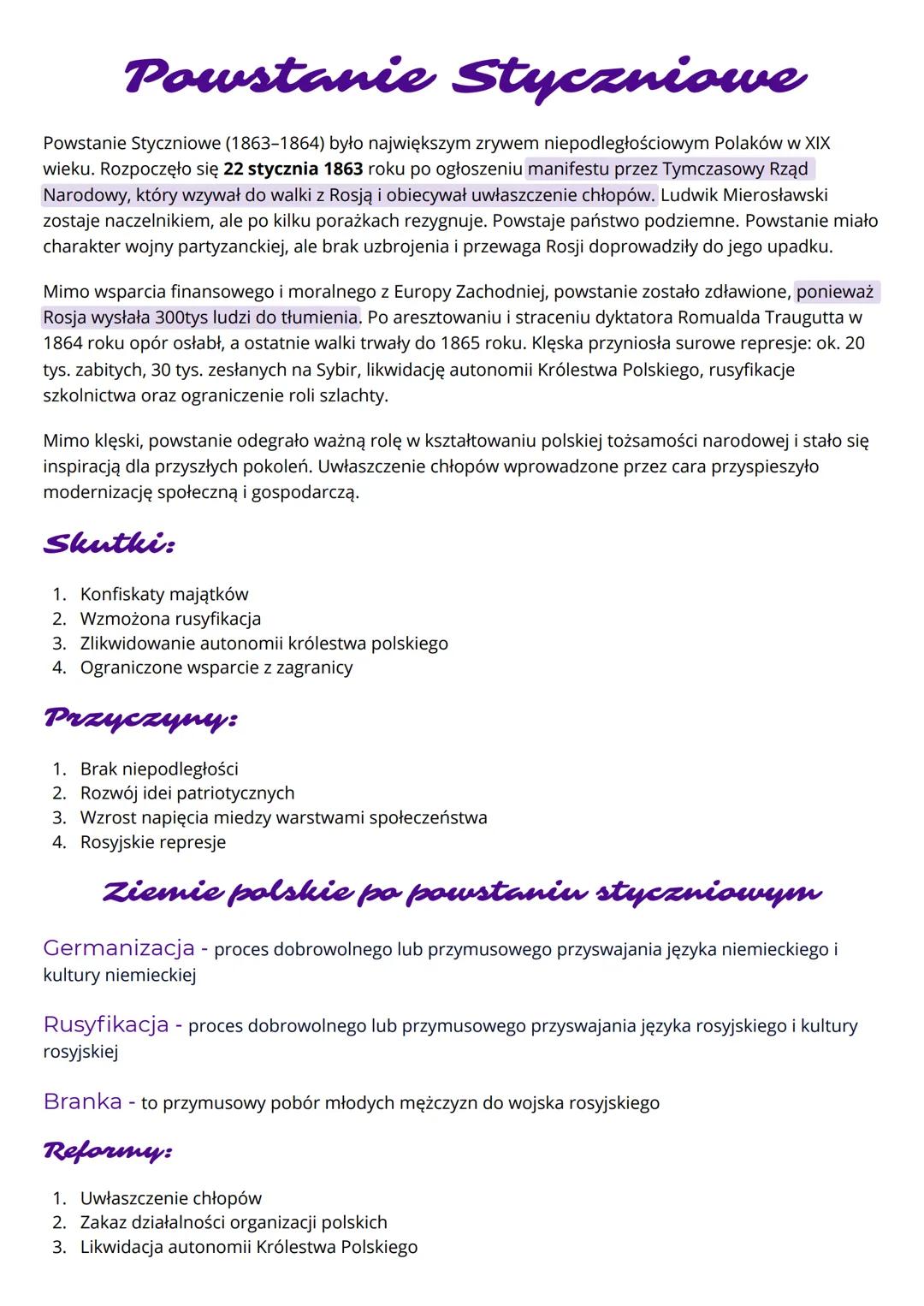 # Powstanie Styczniowe
Powstanie Styczniowe (1863-1864) było największym zrywem niepodległościowym Polaków w XIX
wieku. Rozpoczęło się 22 s