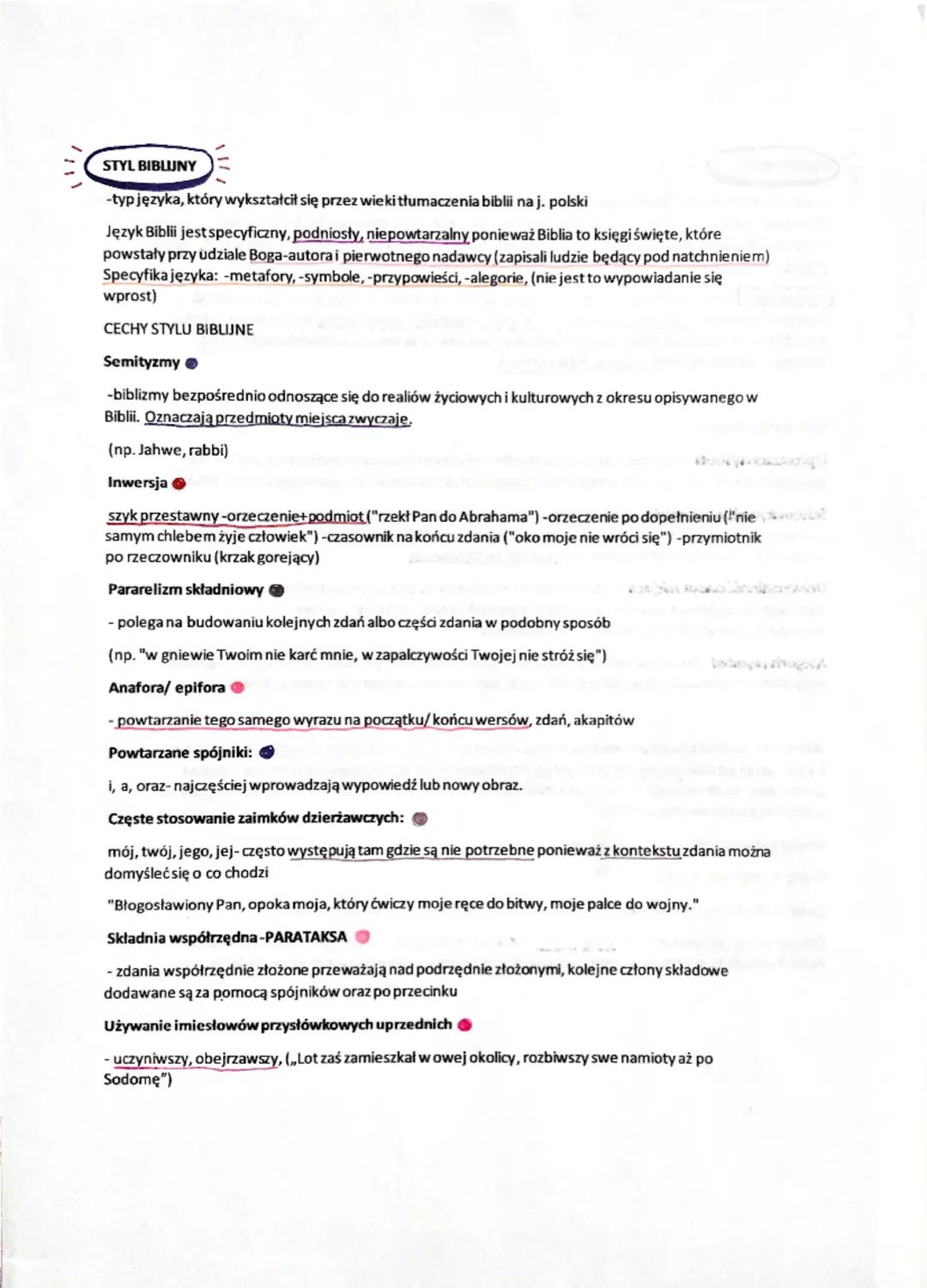 STYL BIBLIJNY
-typ języka, który wykształcił się przez wieki tłumaczenia biblii na j. polski
Język Biblii jest specyficzny, podniosły, niepo