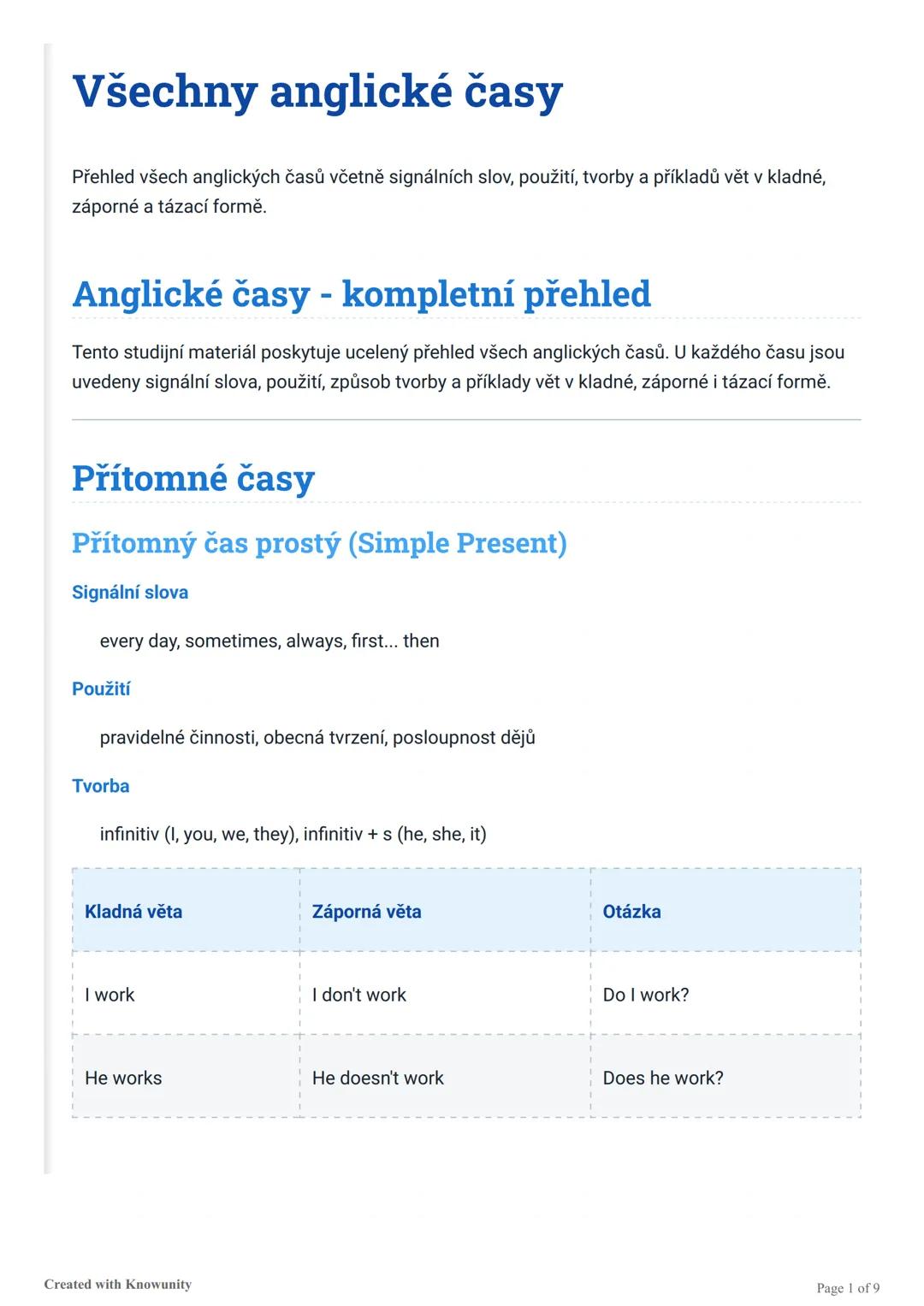 # Všechny anglické časy
Přehled všech anglických časů včetně signálních slov, použití, tvorby a příkladů vět v kladné,
záporné a tázací for