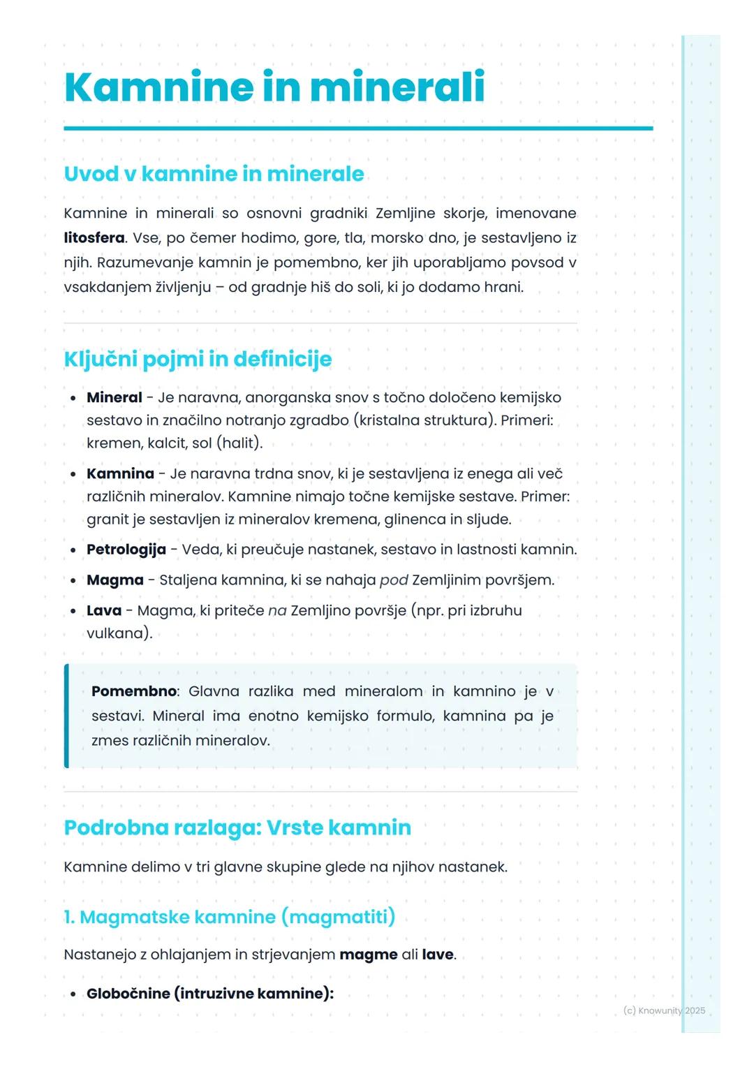 # Kamnine in minerali
Uvod v kamnine in minerale
Kamnine in minerali so osnovni gradniki Zemljine skorje, imenovane
litosfera. Vse, po čem