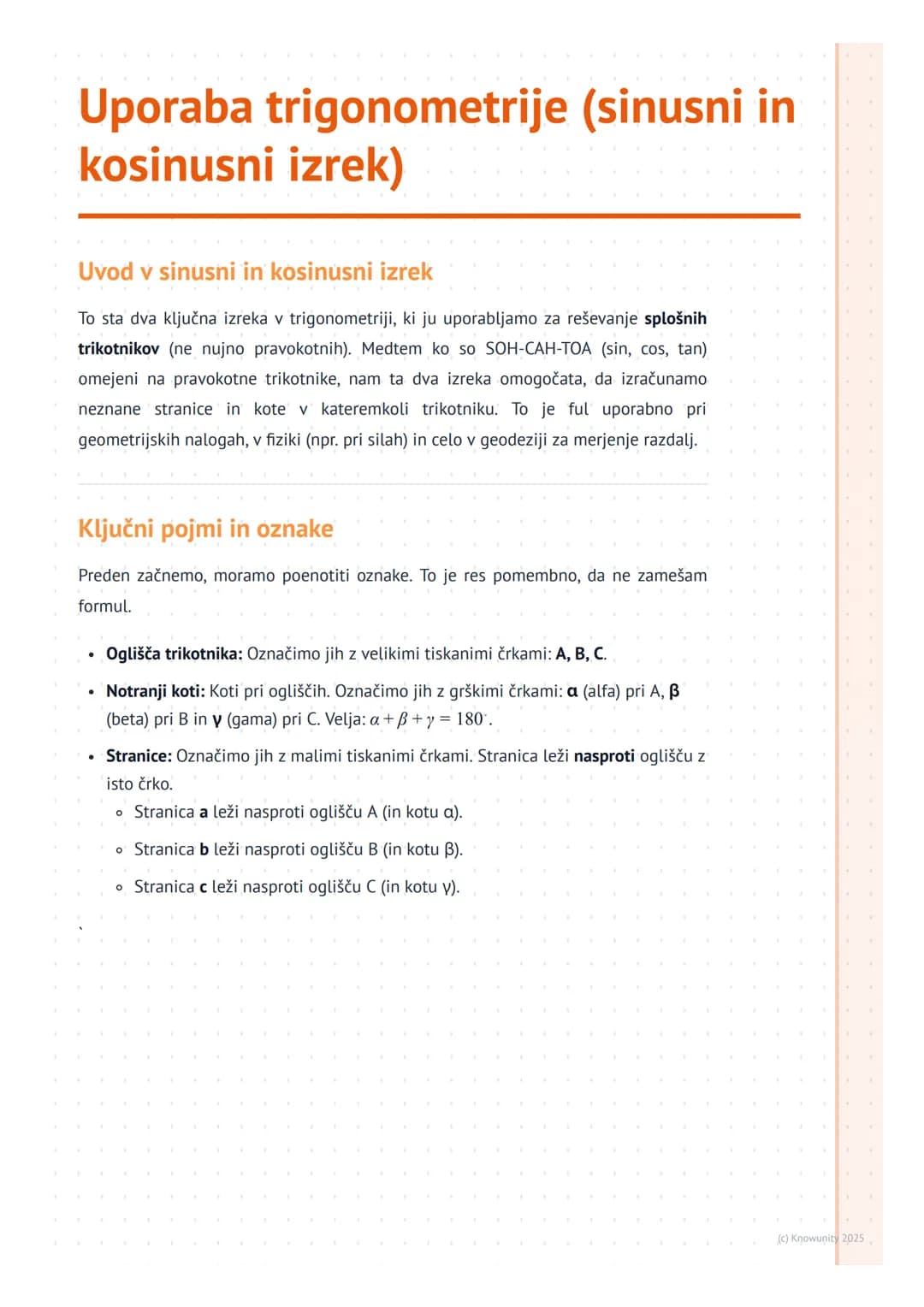 # Uporaba trigonometrije (sinusni in
kosinusni izrek)
Uvod v sinusni in kosinusni izrek
To sta dva ključna izreka v trigonometriji, ki ju