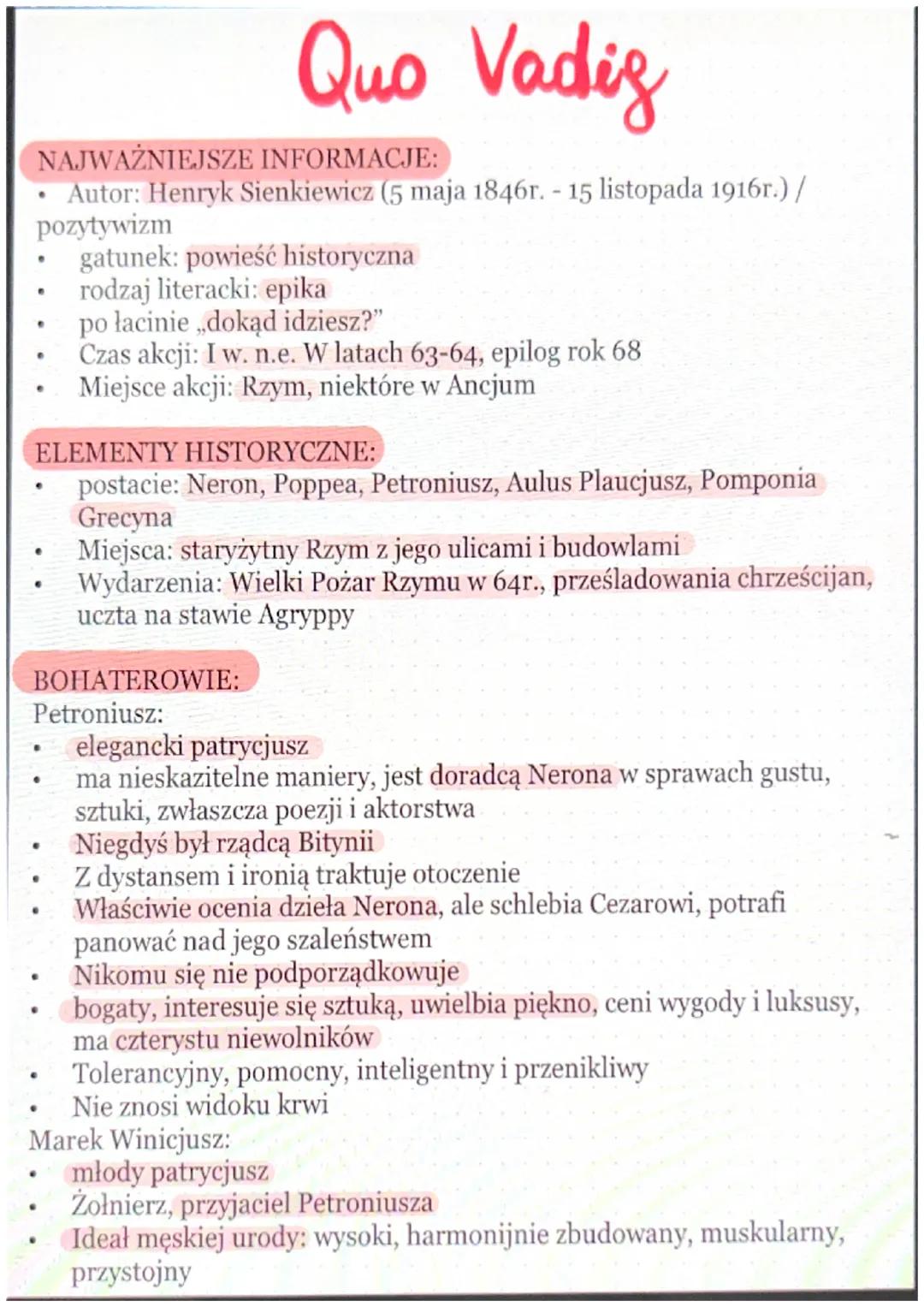 Quo Vadiz
NAJWAŻNIEJSZE
INFORMACJE:
Autor: Henryk Sienkiewicz (5 maja 1846r. - 15 listopada 1916r.) /
pozytywizm
.
.
e
ELEMENTY HISTORYCZNE: