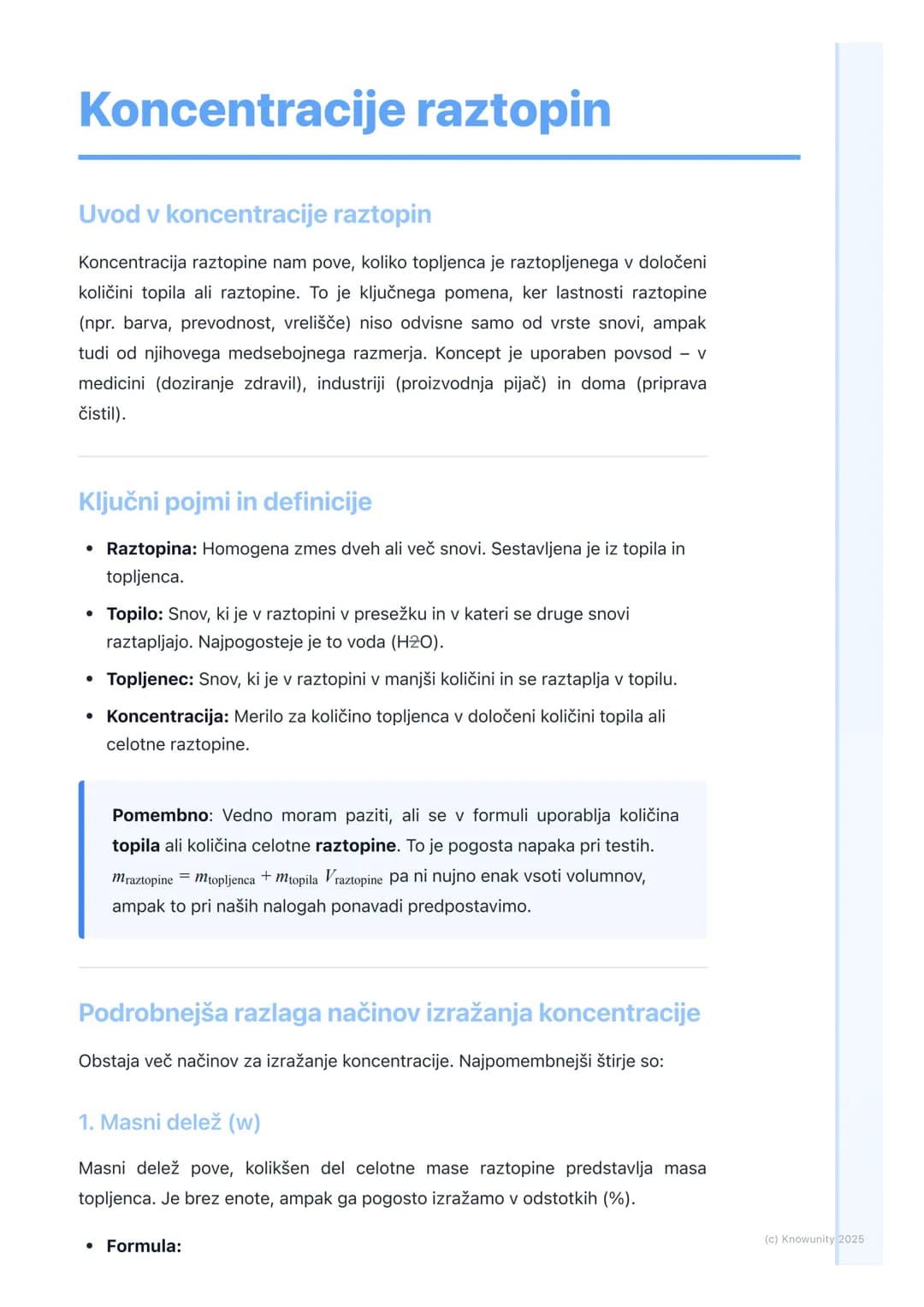 # Koncentracije raztopin
Uvod v koncentracije raztopin
Koncentracija raztopine nam pove, koliko topljenca je raztopljenega v določeni
koli