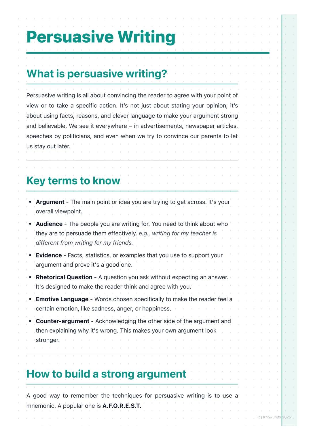 # Persuasive Writing
## What is persuasive writing?
Persuasive writing is all about convincing the reader to agree with your point of
view