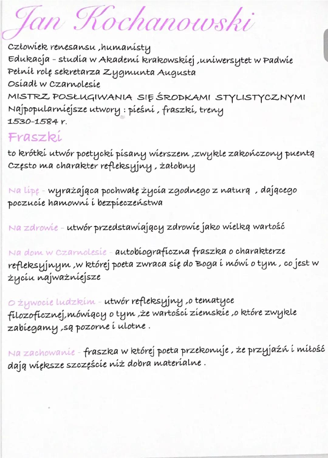 # Jan Kochanowski
Człowiek renesansu, humanisty
Edukacja - studia w Akademi krakowskiej, uniwersytet w Padwie
Pełnił rolę sekretarza Zygmun