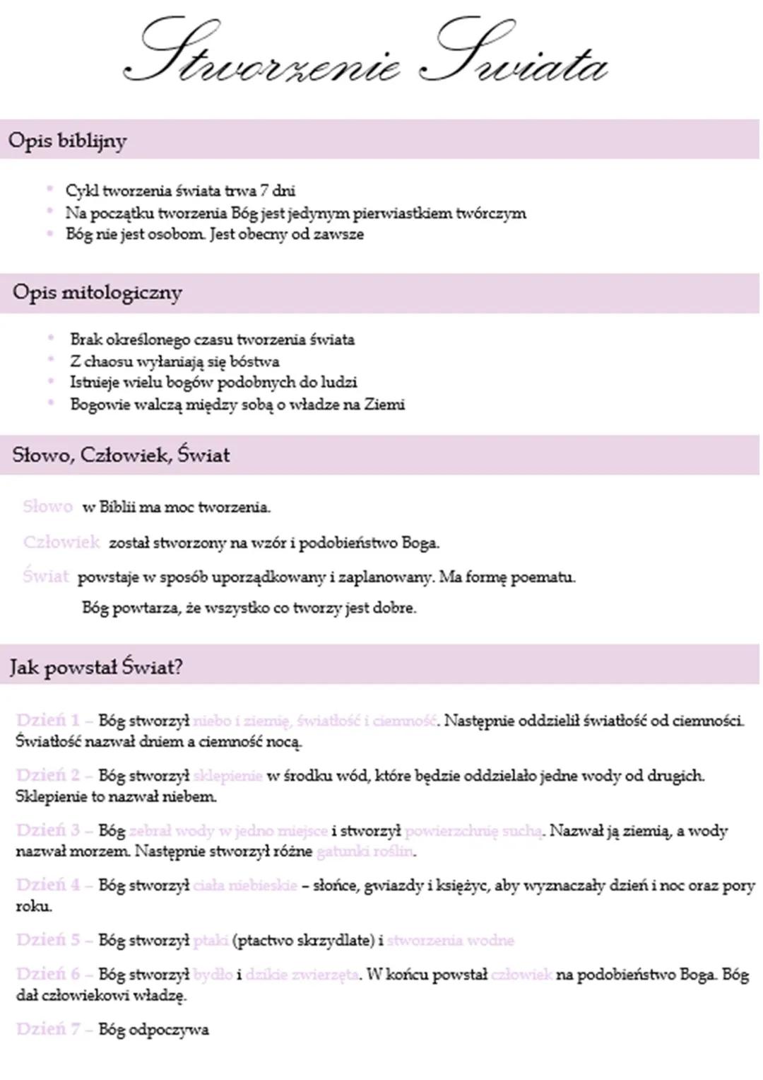 Opis biblijny
Stworzenie Swiata
Cykl tworzenia ลwiata trwa 7 dni
Na poczฤ
tku tworzenia Bรณg jest jedynym pierwiastkiem twรณrczym
Bรณg nie jest