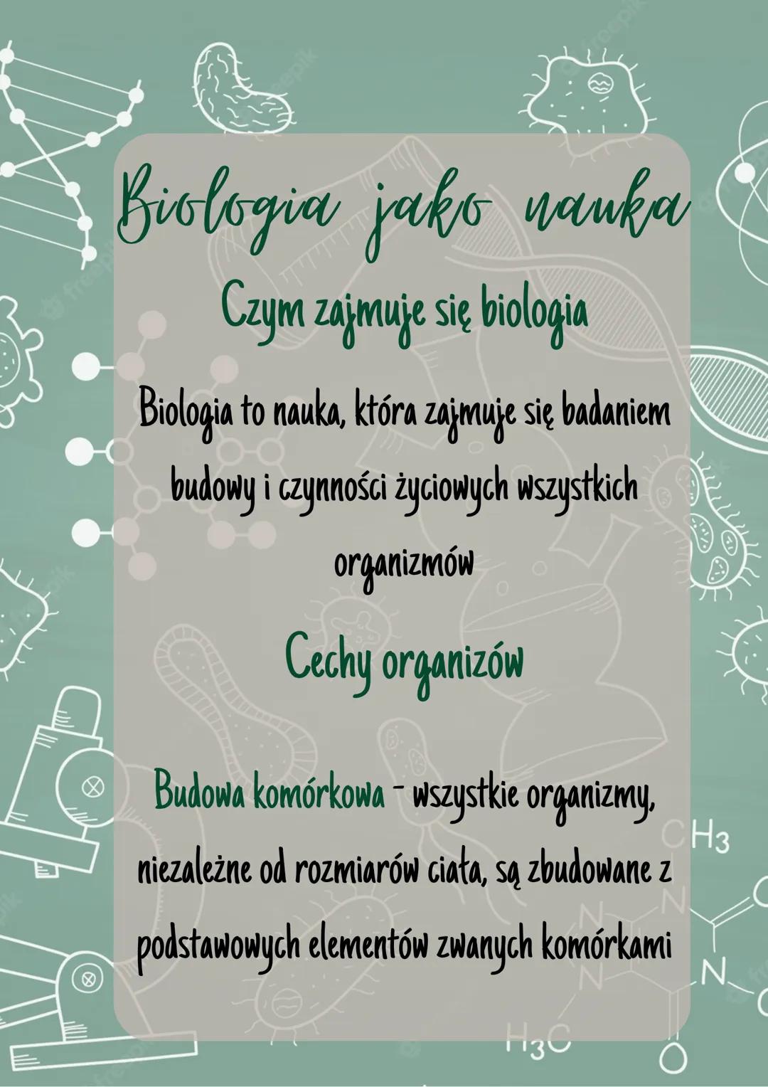Biologia jako nauka
Czym zajmuje się biologia
freep
respi
Biologia to nauka, która zajmuje się badaniem
budowy i czynności życiowych wszystk