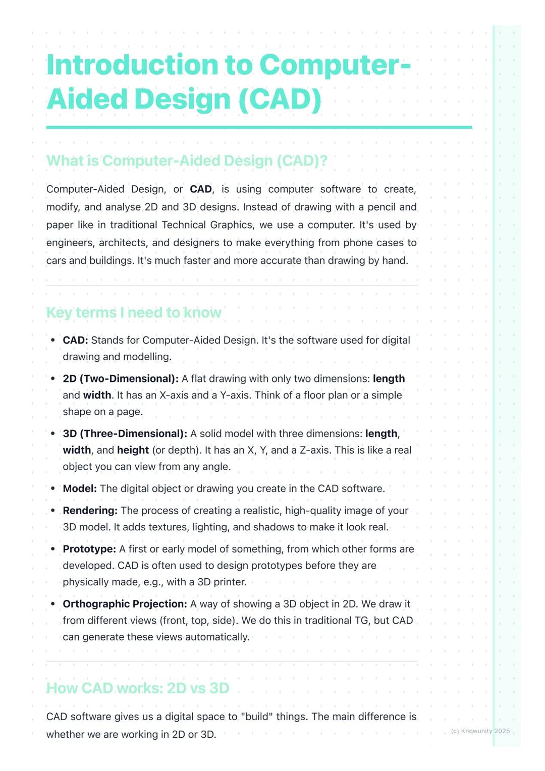 # Introduction to Computer-
Aided Design (CAD)
What is Computer-Aided Design (CAD)?
Computer-Aided Design, or CAD, is using computer softw