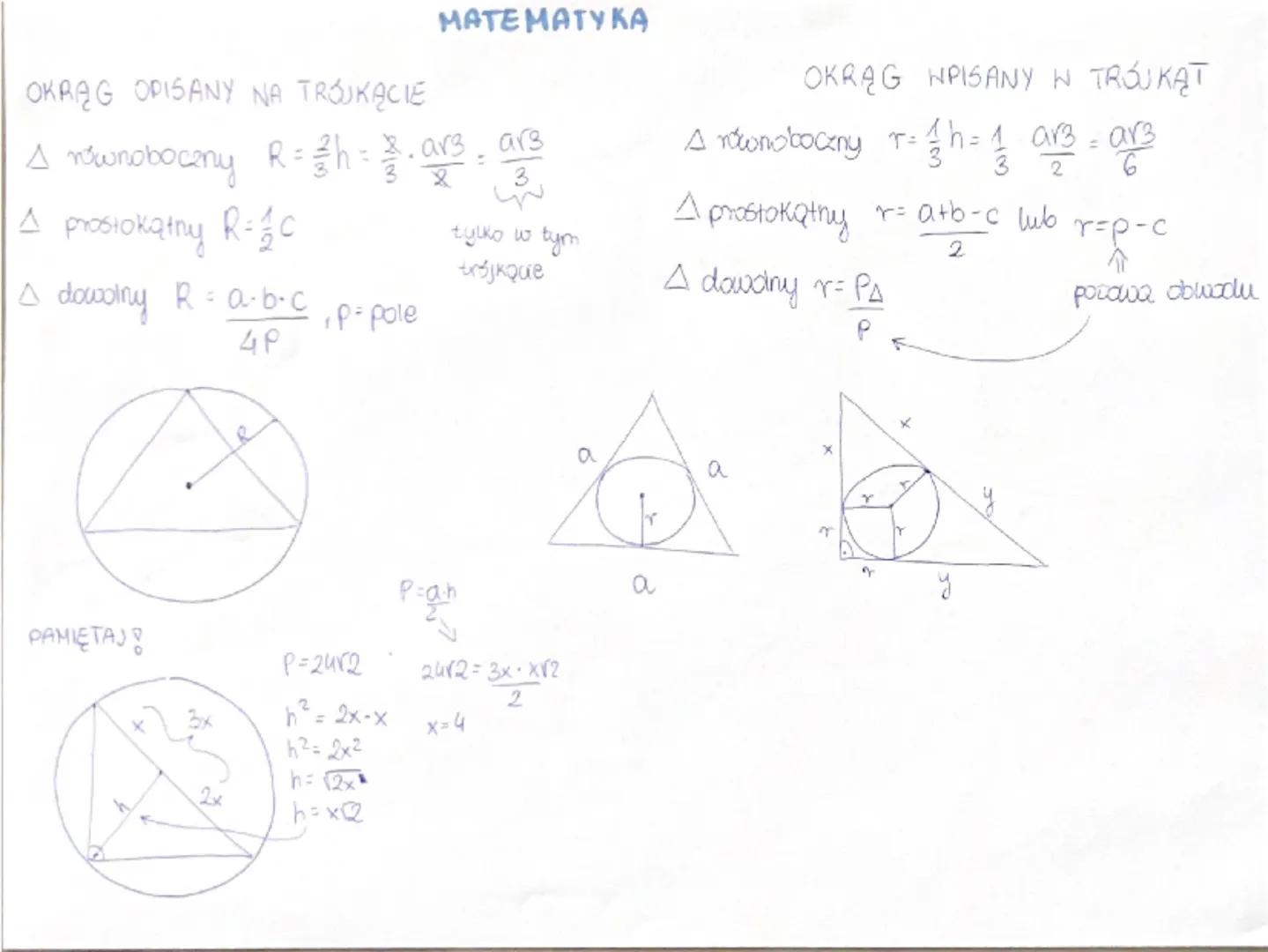 OKRĄG OPISANY NA TRÓJKĄCIE
MATEMATYKA
1
tylko w tym
OKRĄG HPISANY W TRÓJKĄT
A równoboczny r=
ars
• ½ h = 1 a√3 = a√3
A prostokątny r = a+b-c