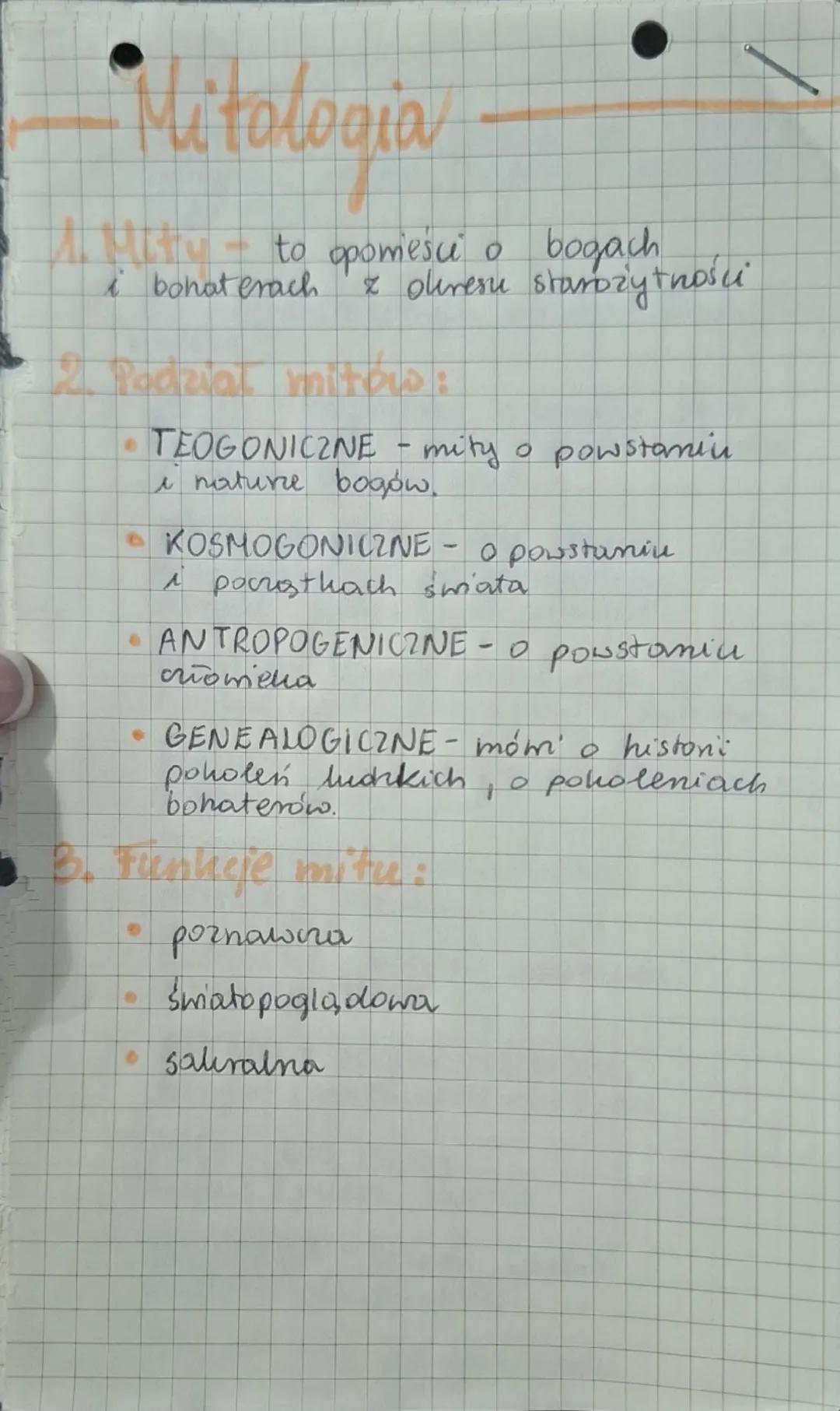 # Mitologia
1. Mity - to opowieści o bogach i bohaterach, z okresu starożytności
2. Podział mitów:
* **TEOGONICZNE** - mity o powstaniu i