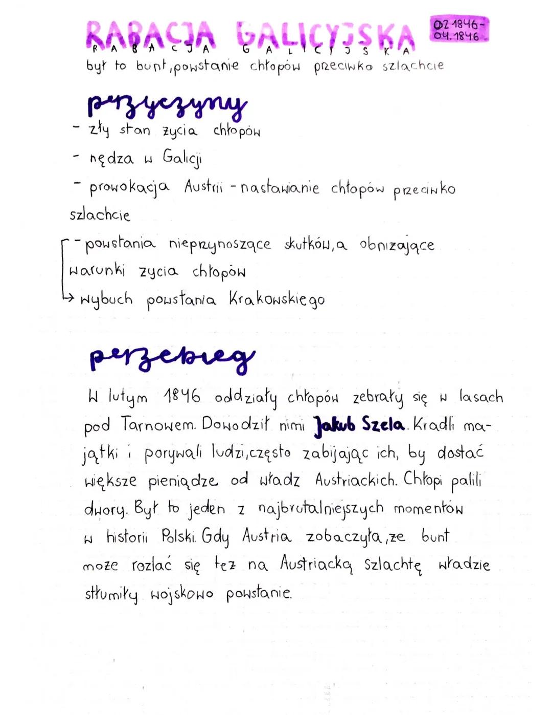 02 1846-
04.1846
RAPACJA GALICYEŞKA
był to bunt, powstanie chłopów przeciwko szlachcie
резуезупу
- zły stan zycia chłopów
- nędza w
Galicji