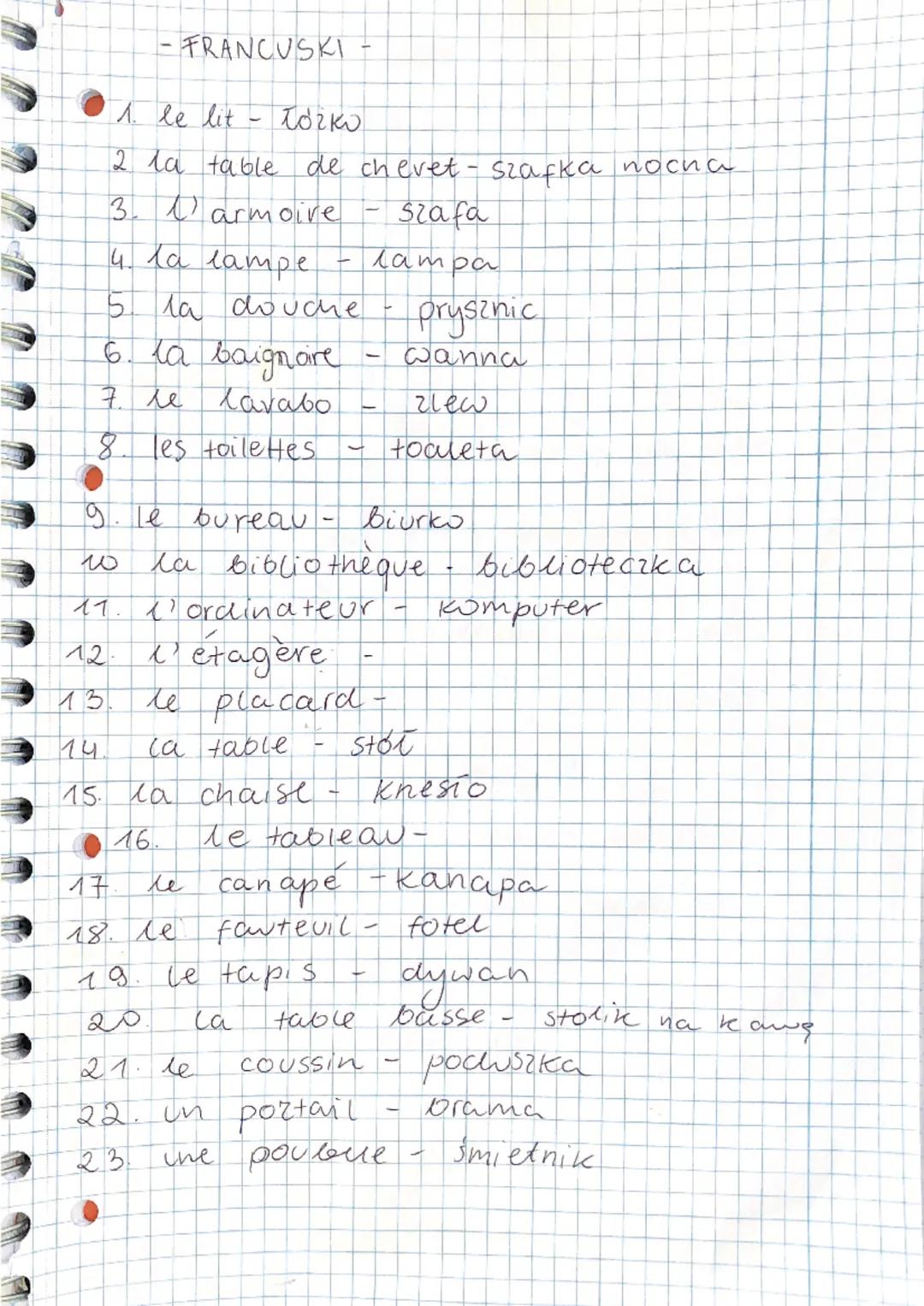 -FRANCUSKI
1. le lit
torko
2 la table de chevet - szafka nocha
3. 0
armoire
4. la lampe
5. la douche
6. la baignoire
7. ле
lavabo
8. les toi