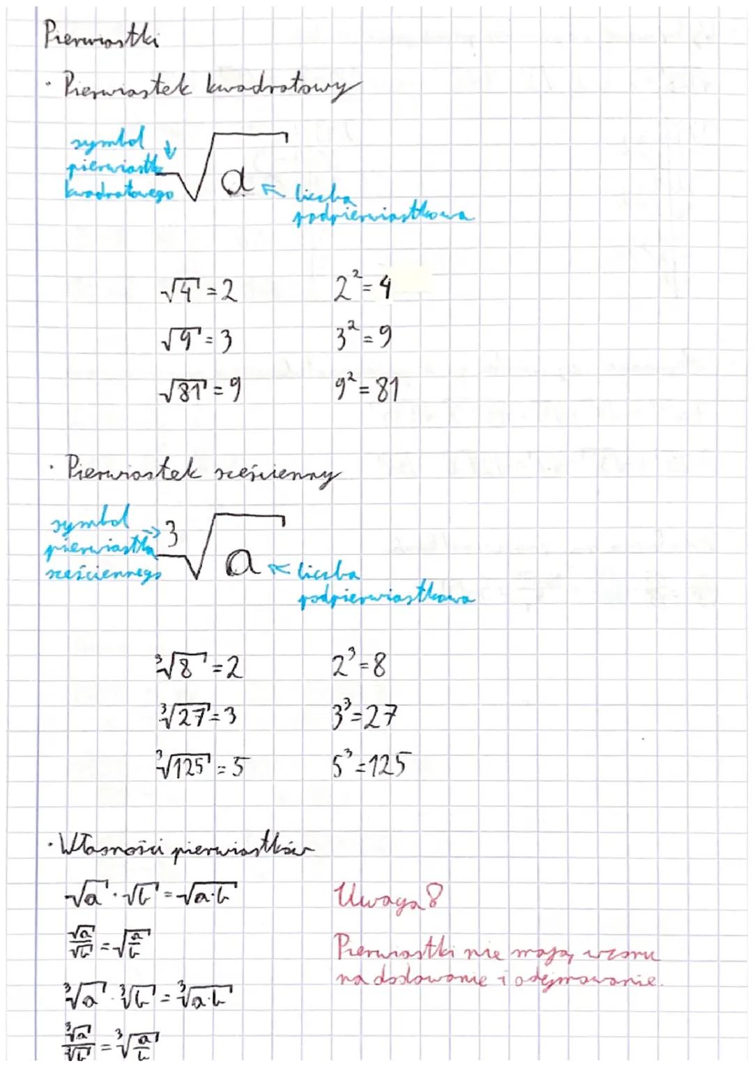 Pierwiastki
- Presurastek kwadratowy
symbol
pierwiastk
kwadratowego
$\sqrt{a}$ liczba
podpierwiasthora
$\sqrt{4}$=2
22=4
$\sqrt{9}$=3
32=