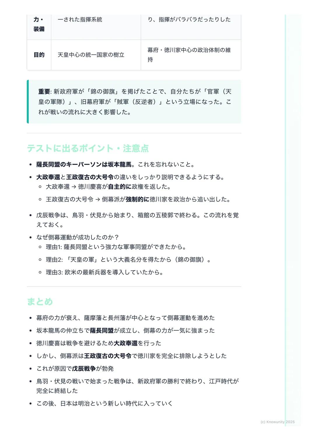 # 倒幕運動と戊辰戦争
倒幕運動と戊辰戦争の概要
開国後、幕府の力が弱まり、国内は混乱した。幕府の政治に不満を持つ武士たち
を中心に、天皇を中心とした新しい国づくりを目指す動きが強まっていく。特に
力のあった薩摩藩と長州藩が中心となり、幕府を倒すための倒幕運動が本格化
し、つ