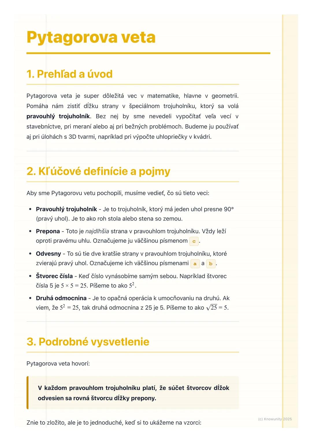 # Pytagorova veta
1. Prehľad a úvod
Pytagorova veta je super dôležitá vec v matematike, hlavne v geometrii.
Pomáha nám zistiť dĺžku strany