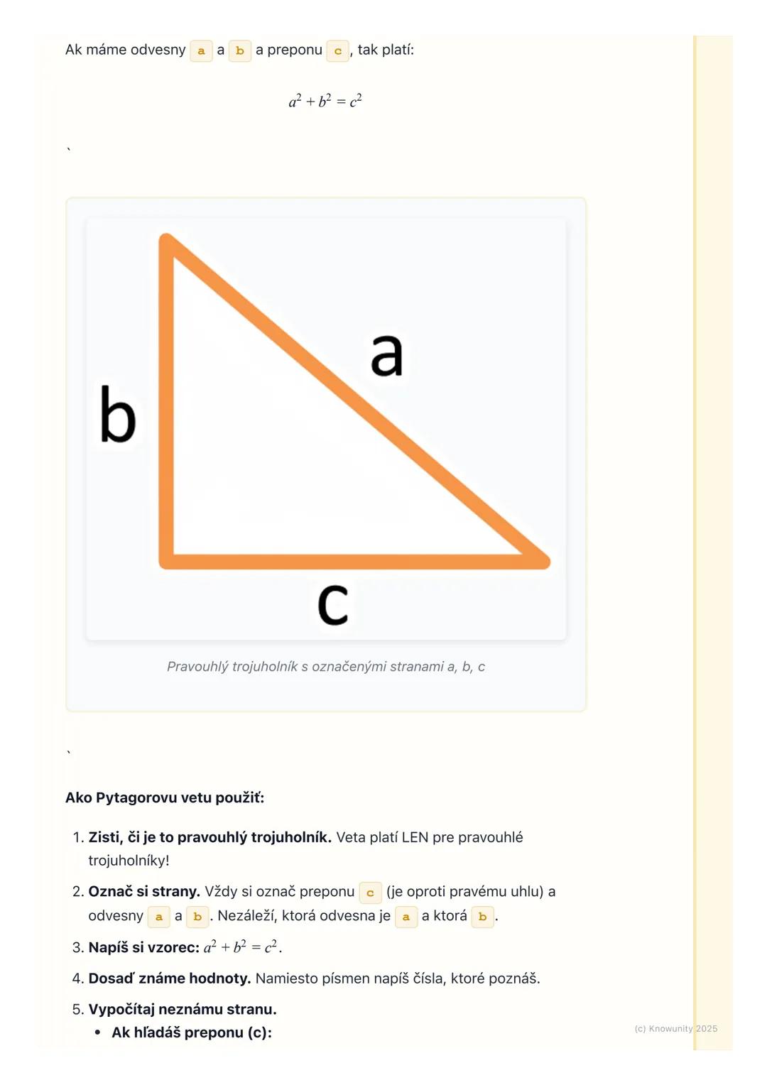 # Pytagorova veta
1. Prehľad a úvod
Pytagorova veta je super dôležitá vec v matematike, hlavne v geometrii.
Pomáha nám zistiť dĺžku strany