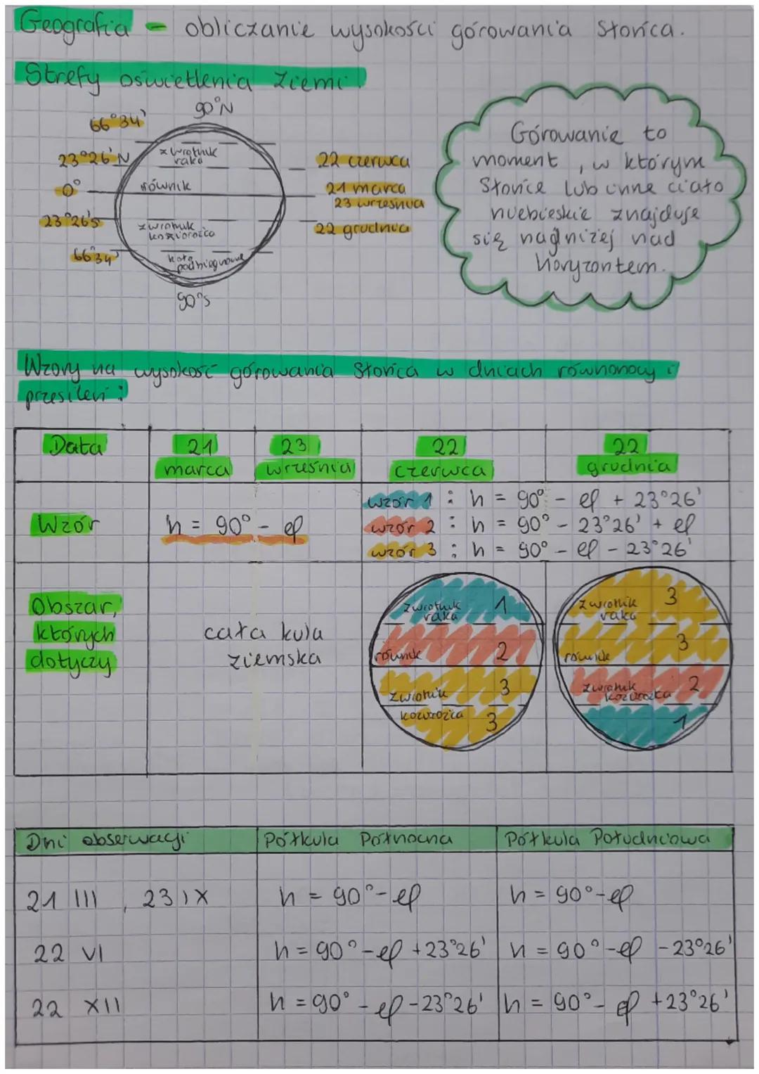 # Geografia - obliczanie wysokości górowania Słońca.
# Strefy oswietlenia Ziemi!
66°34'
90°N
23°26'N
* zwrotnik
raka
* równik
* zwrotnik
2