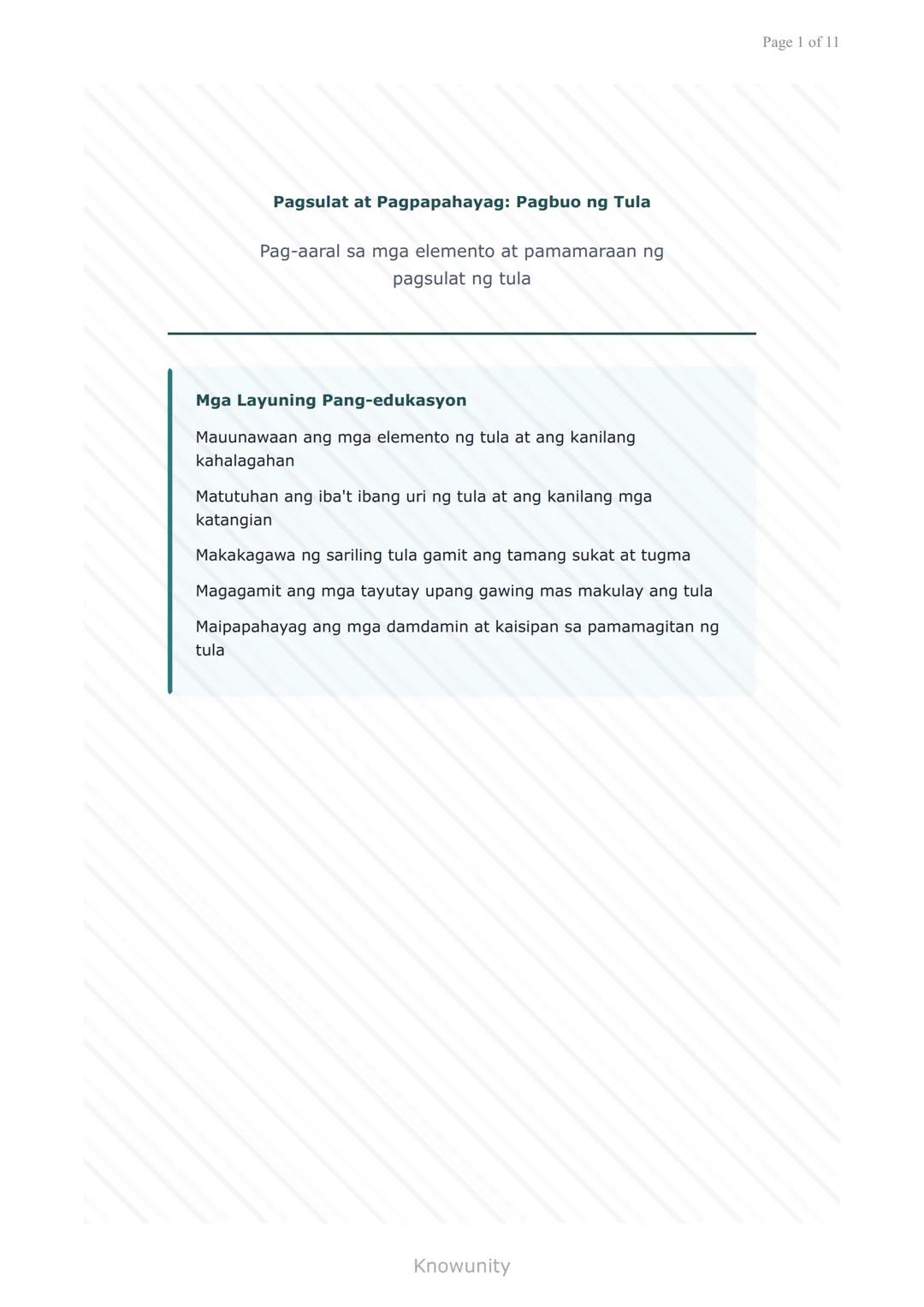 Pagsulat at Pagpapahayag: Pagbuo ng Tula
Pag-aaral sa mga elemento at pamamaraan ng
pagsulat ng tula
Mga Layuning Pang-edukasyon
Mauunawaan