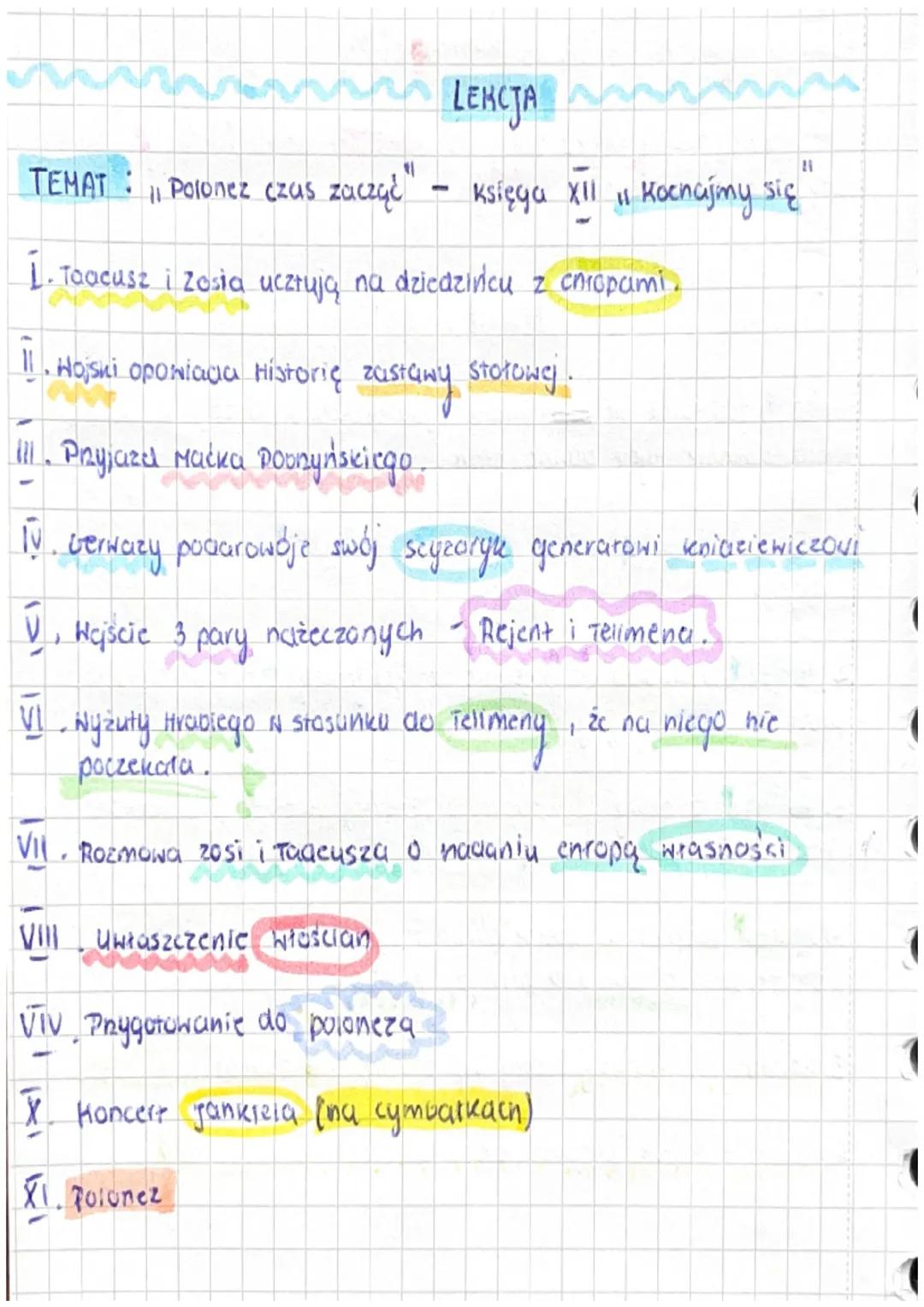 LEKCJA
TEMAT : Polonez czas zacząć" - Księga XII 11 Kochajmy się"
1. Taacusz i Zosia ucztują na dziedzińcu z cnropami.
11. Hojski opoNiaga H
