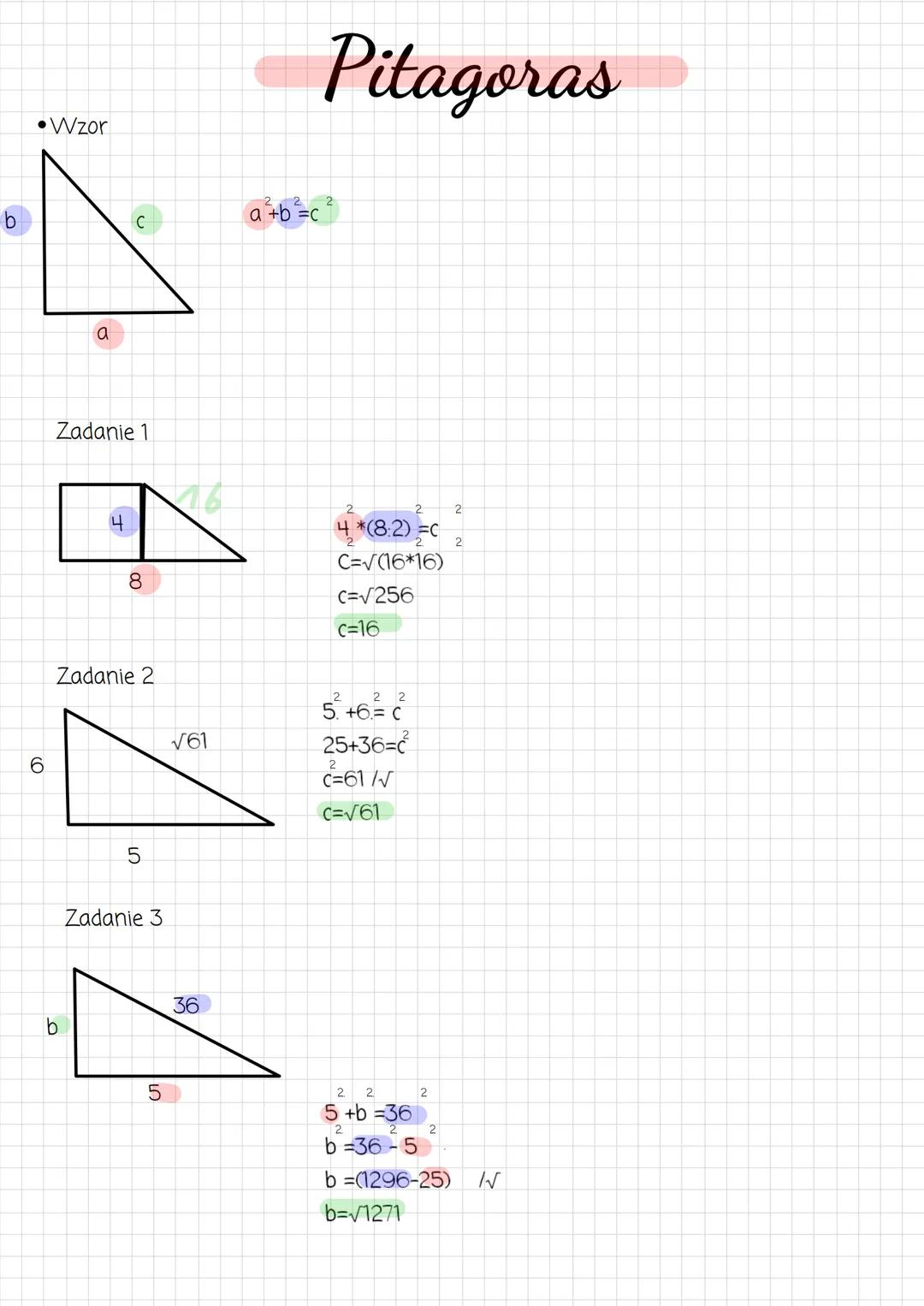 - •Wzor
Pitagoras
b
$a²+b²=c$
c
a
Zadanie 1
4
8
Zadanie 2
√61
6
5
Zadanie 3
b
36
5
$4*(8:2)=C$
$C=\sqrt{(16*16)}$
$c=\sqr