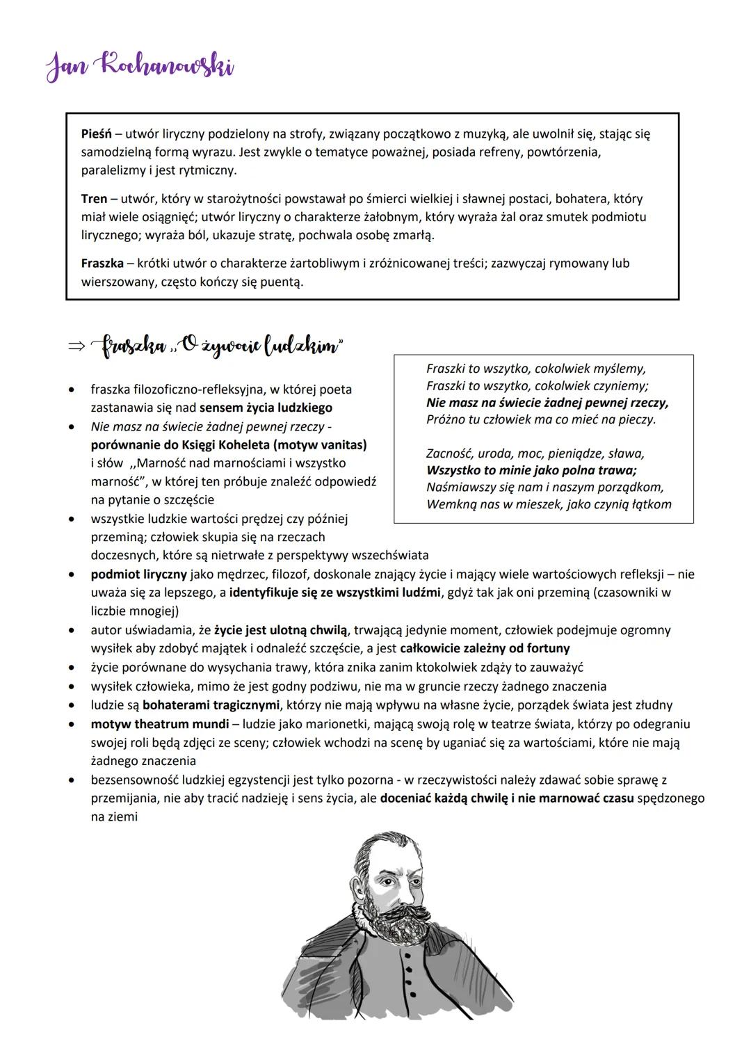 # Jan Rochanowski
Pieśń - utwór liryczny podzielony na strofy, związany początkowo z muzyką, ale uwolnił się, stając się
samodzielną formą