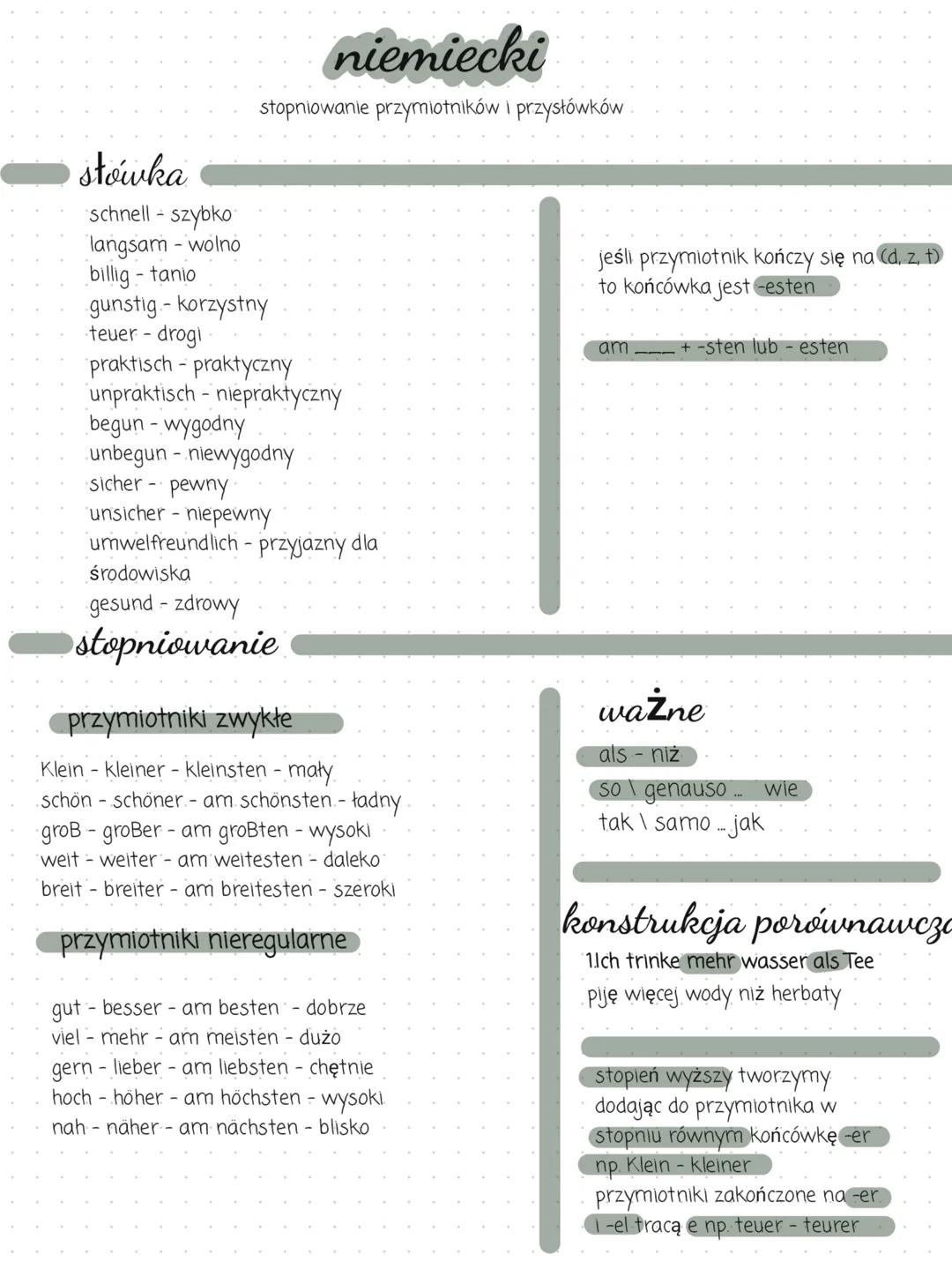 słówka
schnell - szybko
langsam - wolno
billig- tanio
niemiecki
stopniowanie przymiotników i przysłówków
gunstig - korzystny
teuer - drogi
p