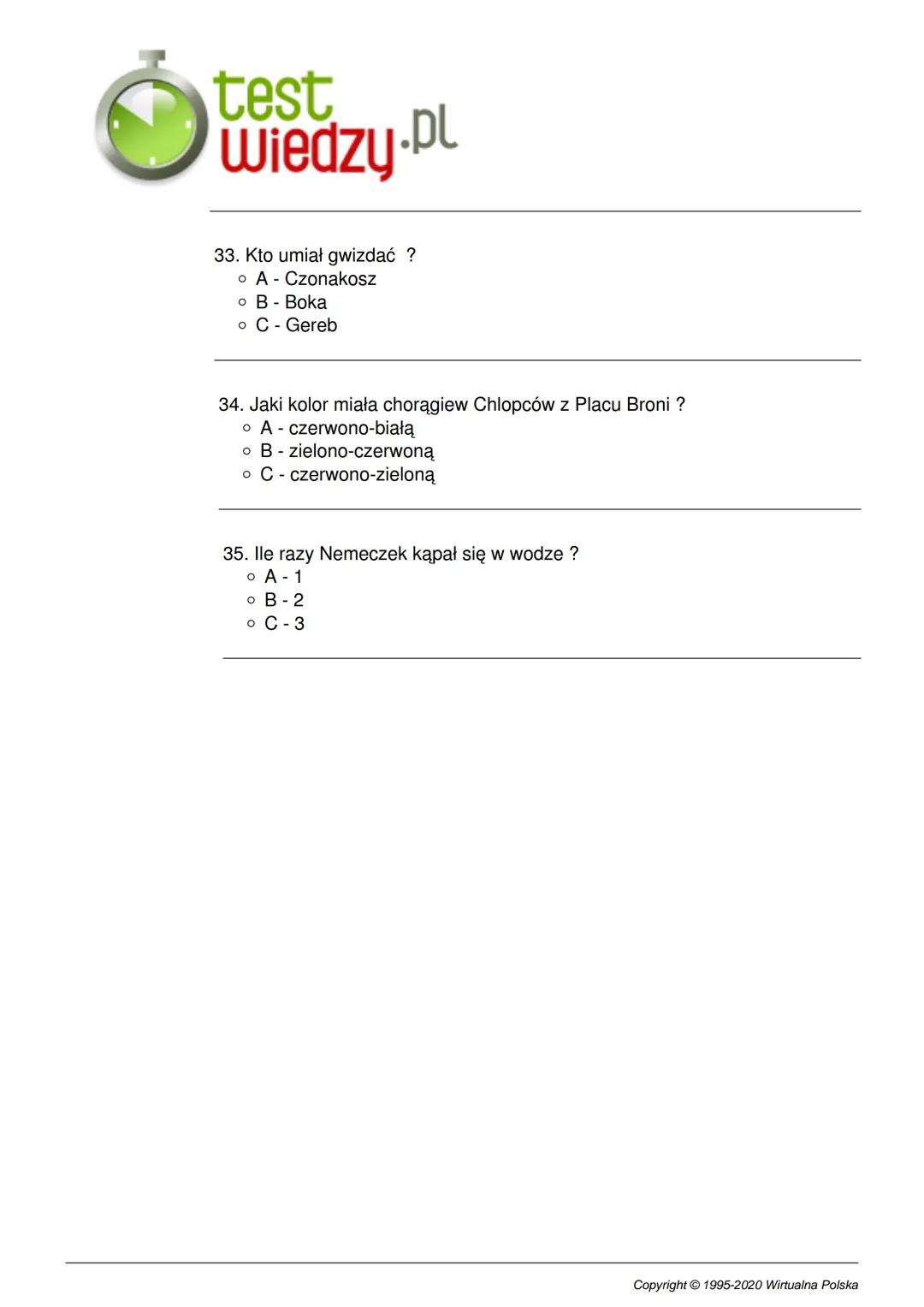 # test
Wiedzy.pl
# Chłopcy z Placu Broni
Test ze znajomości lektury "Chłopcy z Placu Broni"
Poziom trudności: Średni
1. Kto jest autorem