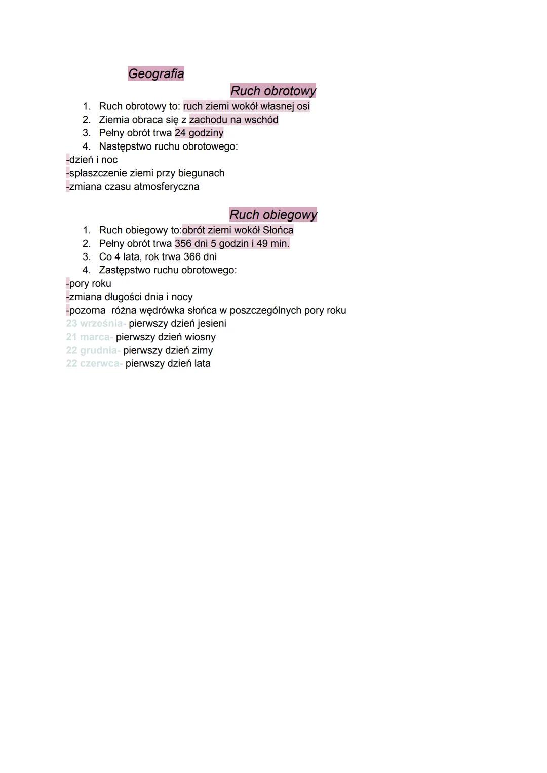 Geografia
Ruch obrotowy
1. Ruch obrotowy to: ruch ziemi wokół własnej osi
2. Ziemia obraca się z zachodu na wschód
3. Pełny obrót trwa 24 go