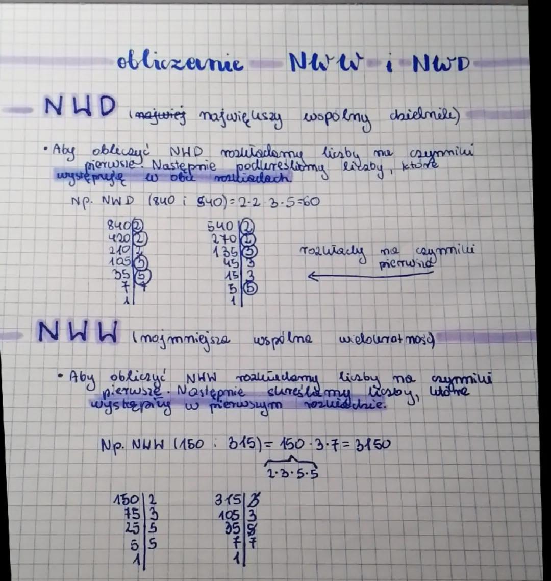 NED
obliczanie
Nww i NWD
(najwiej największy wspólny chiemile)
• Aby obliczyć NHD rozkładamy liczby me czymmili
pierwsie. Następnie podleres