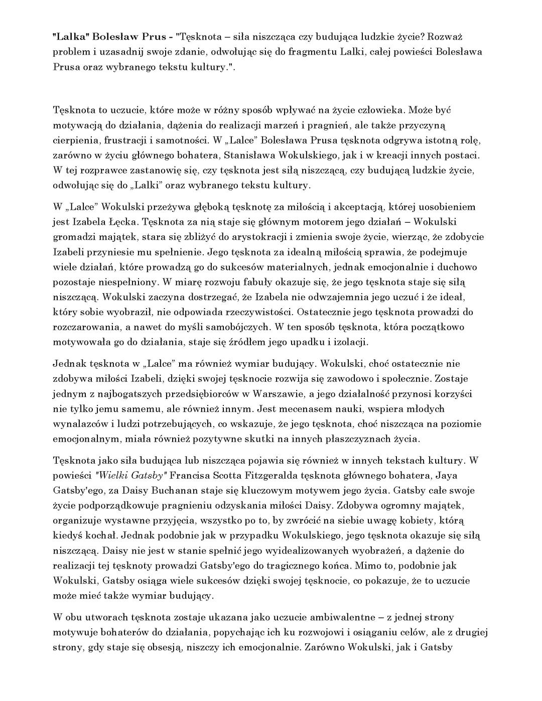 Rozprawka maturalna - "Lalka" Bolesłąwa Prusa