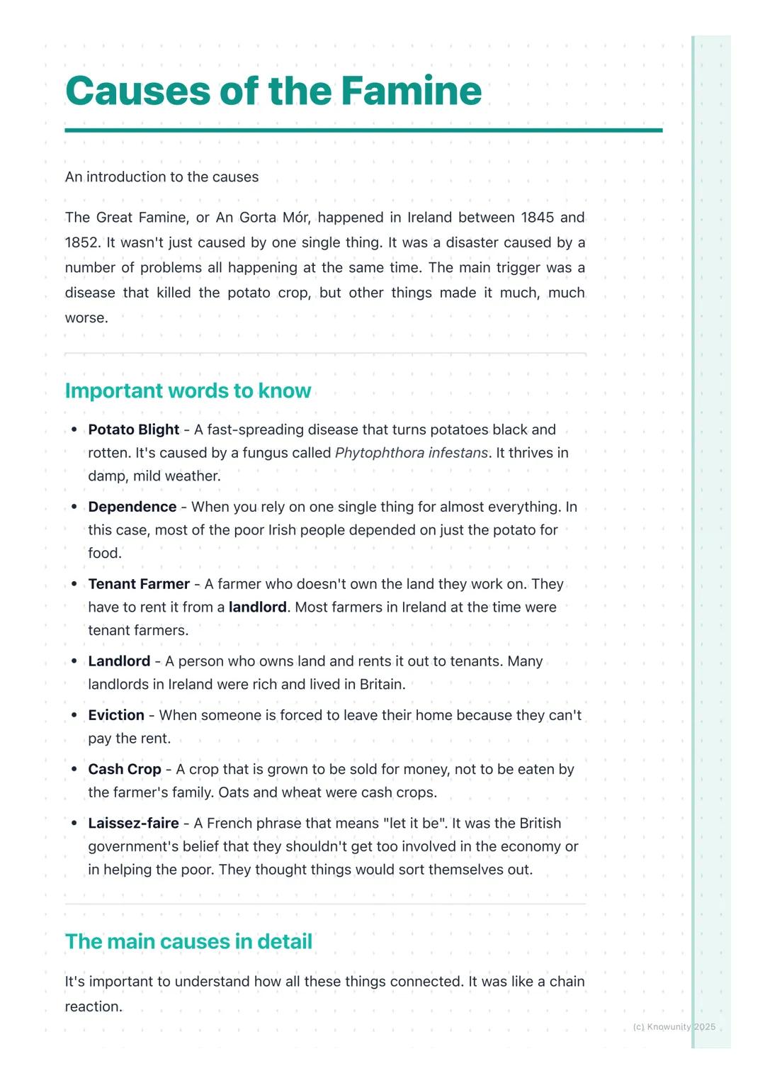 # Causes of the Famine
An introduction to the causes
The Great Famine, or An Gorta Mór, happened in Ireland between 1845 and
1852. It wasn