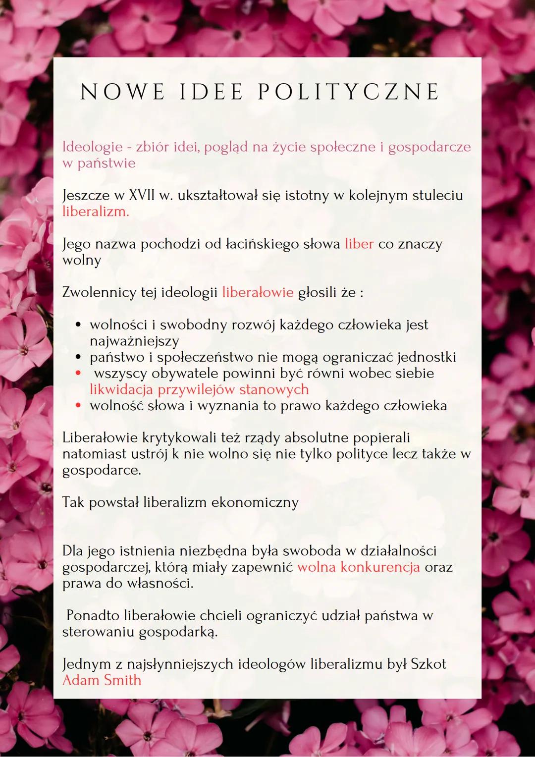 NOWE IDEE POLITYCZNE
Ideologie - zbiór idei, pogląd na życie społeczne i gospodarcze
w państwie
Jeszcze w XVII w. ukształtował się istotny w