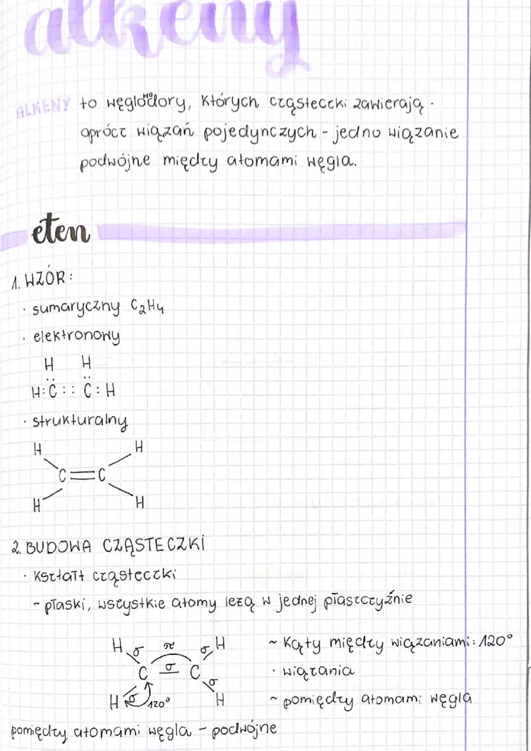 # alkeny
ALKENY to węglowodory, których cząsteczki zawierają - oprócz wiązań pojedynczych - jedno wiązanie podwójne między atomami węgla.
