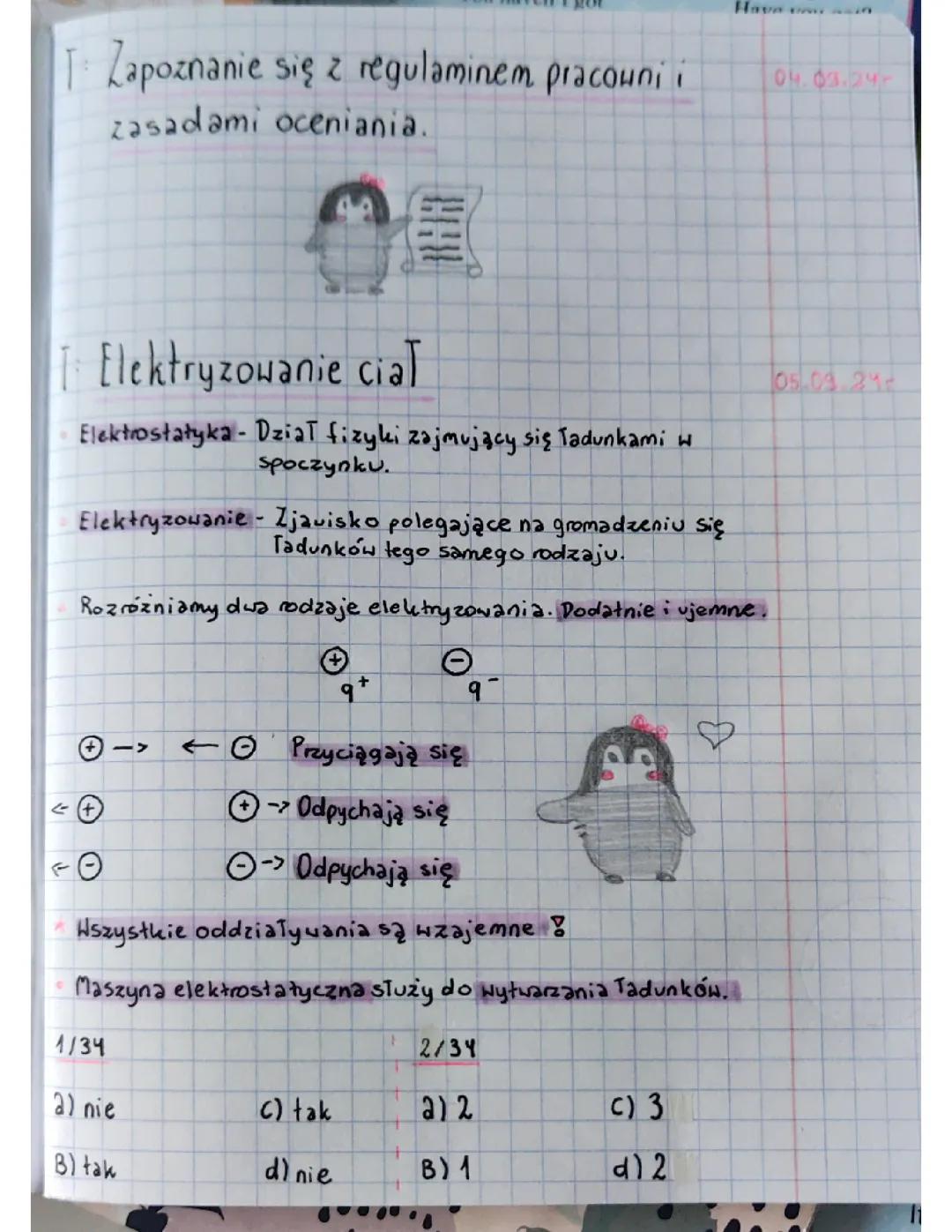 Elektryzowanie ciał - Fizyka klasa 8 Notatki