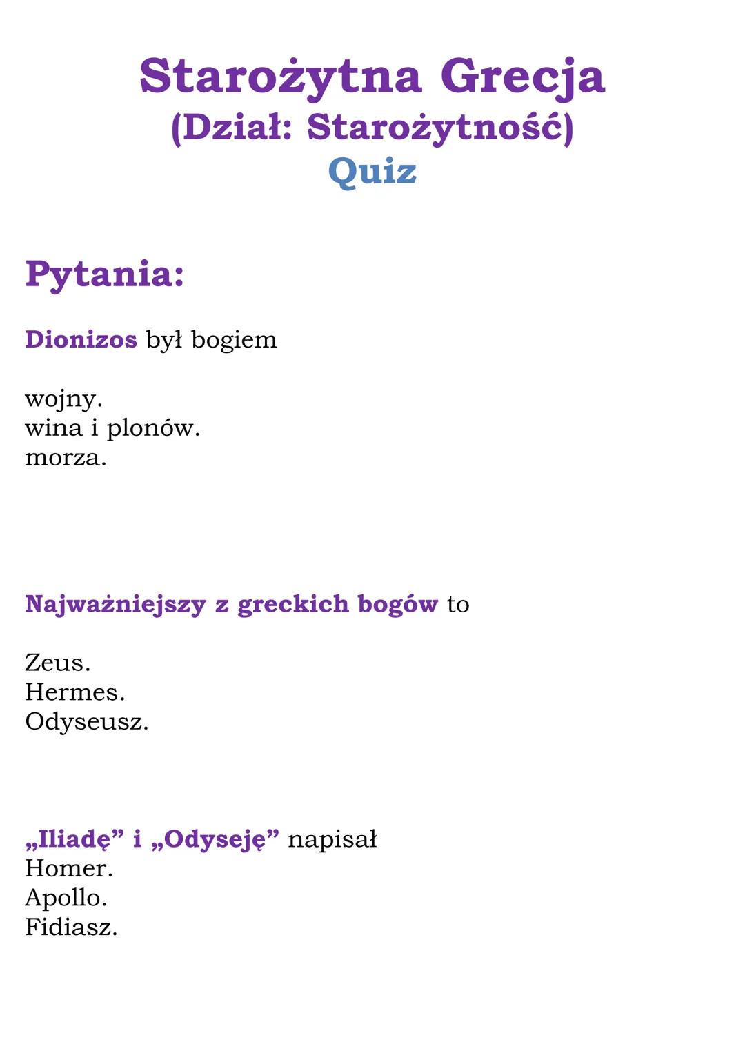 Starożytna Grecja (Dział: Starożytność) Quiz