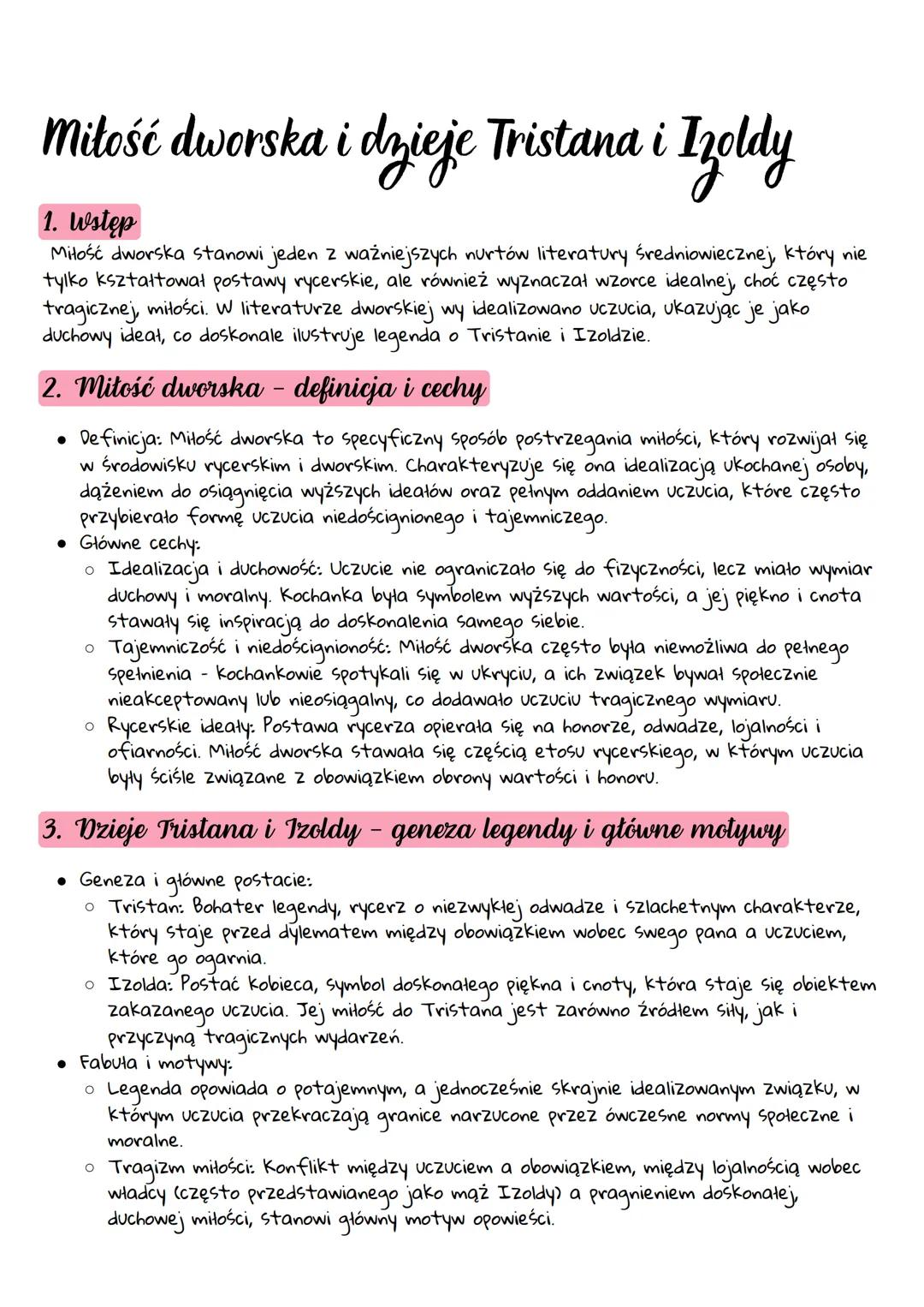 # Miłość dworska i dzieje Tristana i Izoldy
1. Wstęp
Miłość dworska stanowi jeden z ważniejszych nurtów literatury średniowiecznej, który