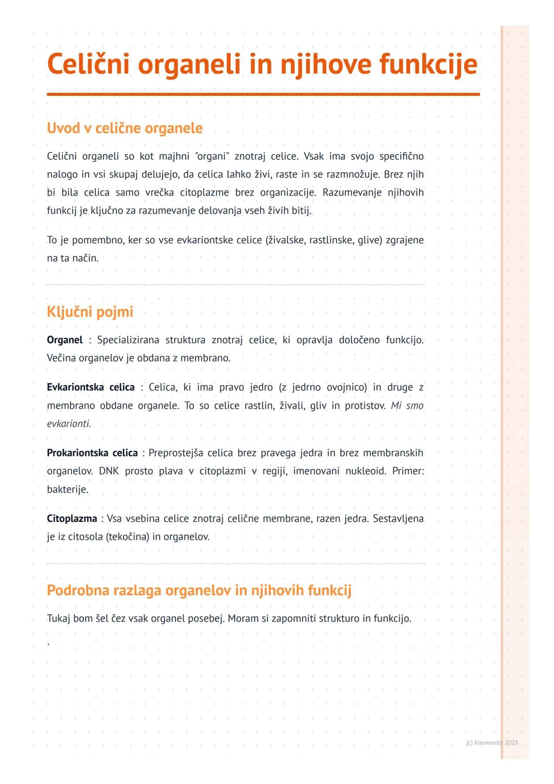 # Celični organeli in njihove funkcije
Uvod v celične organele
Celični organeli so kot majhni "organi" znotraj celice. Vsak ima svojo spec