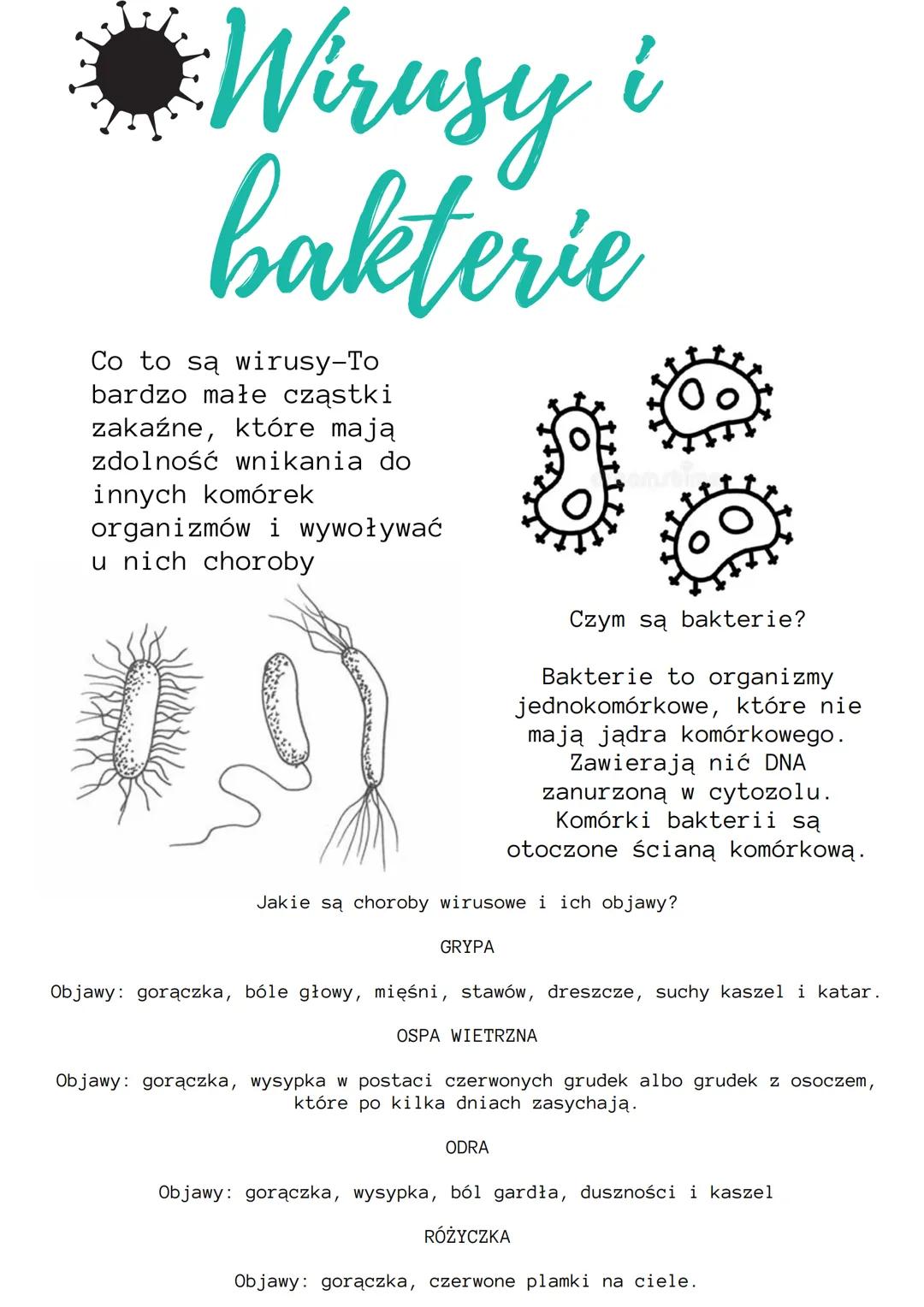 • Wirusy
i
bakterie
Co to są wirusy-To
bardzo małe cz stki
zakaźne, które mają
zdolność wnikania do
innych komórek
organizmów i wywoływać
u