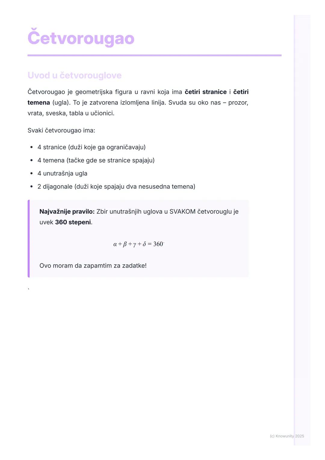 # Četvorougao
Uvod u četvorouglove
Četvorougao je geometrijska figura u ravni koja ima četiri stranice i četiri
temena (ugla). To je zatvo
