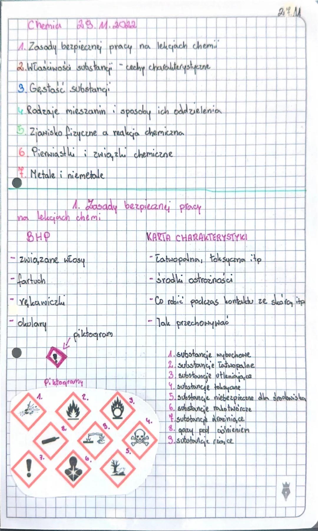 Chemia 23. M.2022
1. Zasady bezpiecznej pracy na lekcjach chemi
2. Właściwości substanci cechy charakterystyczne
3. Gęstośc substangi
4 Rodz