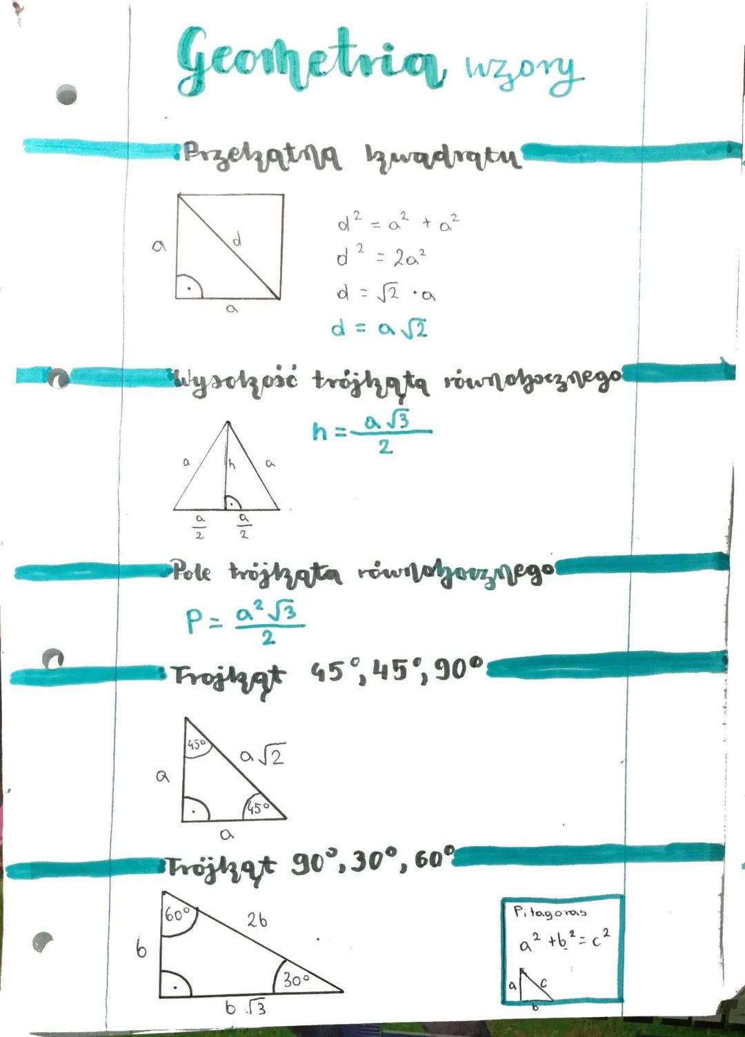 6
9
Geometria wzory
а
•Przekątna kwadraty
4
a
2
2
450
160°
wysokość trójkątą równobocznego!
h = a√3
2
a√2
1450
o
2
26
d 2
Pole trojkąta równ