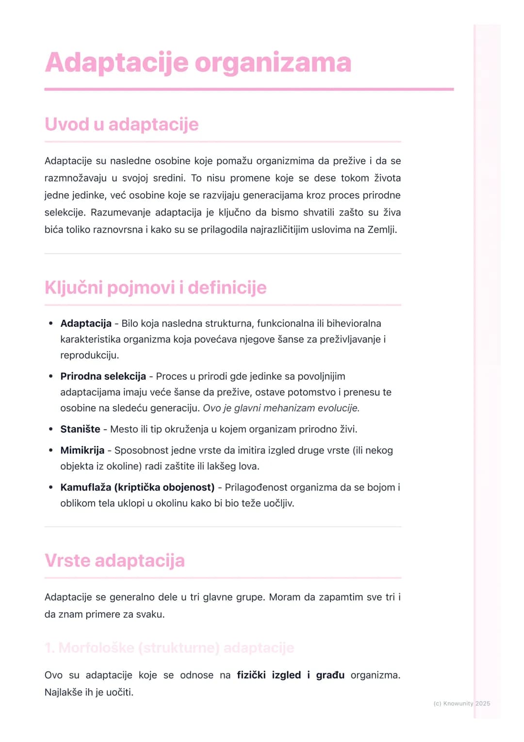 # Adaptacije organizama
Uvod u adaptacije
Adaptacije su nasledne osobine koje pomažu organizmima da prežive i da se
razmnožavaju u svojoj