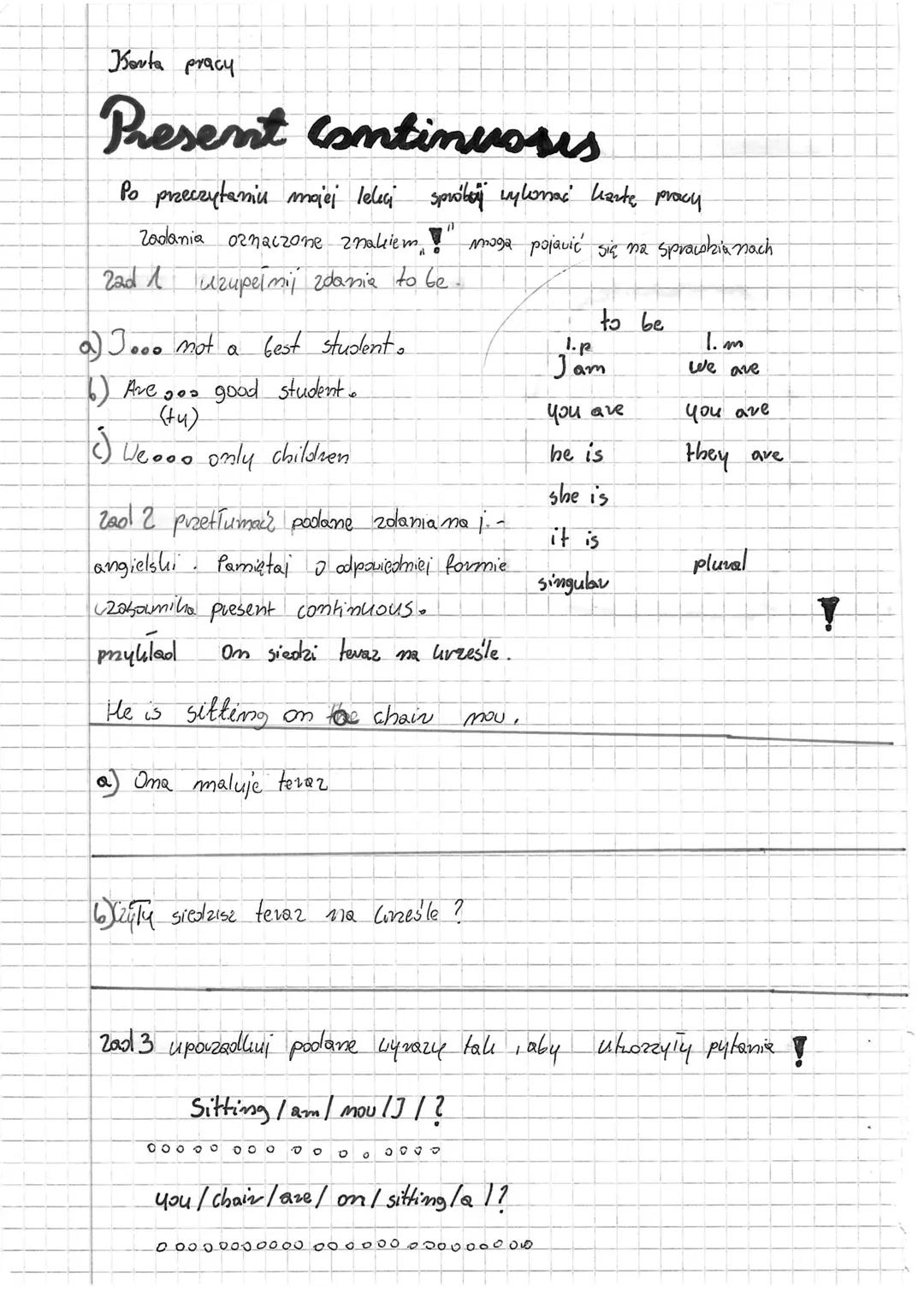 00
●
0
O
Clasu present continuous używamy , gdy mówimy o czymościa, które
Obecnie wykonujemy.
Виловия праги 0%
Budbue wyrazy w czasie presen
