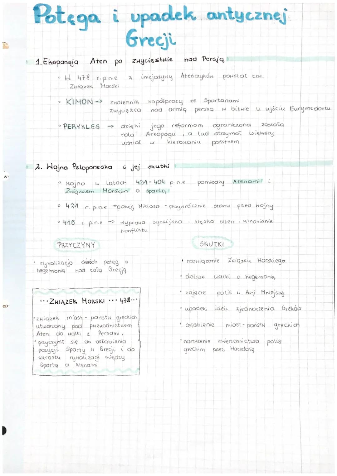 W'
ep
Potega i upadek antycznej
Grecji
1. Ekspansja Aten po zwycięstwie nad Persją
• W 478 r.p.h.e
Związek Morski
KIMON ->
O
PERYKLES
W
z in